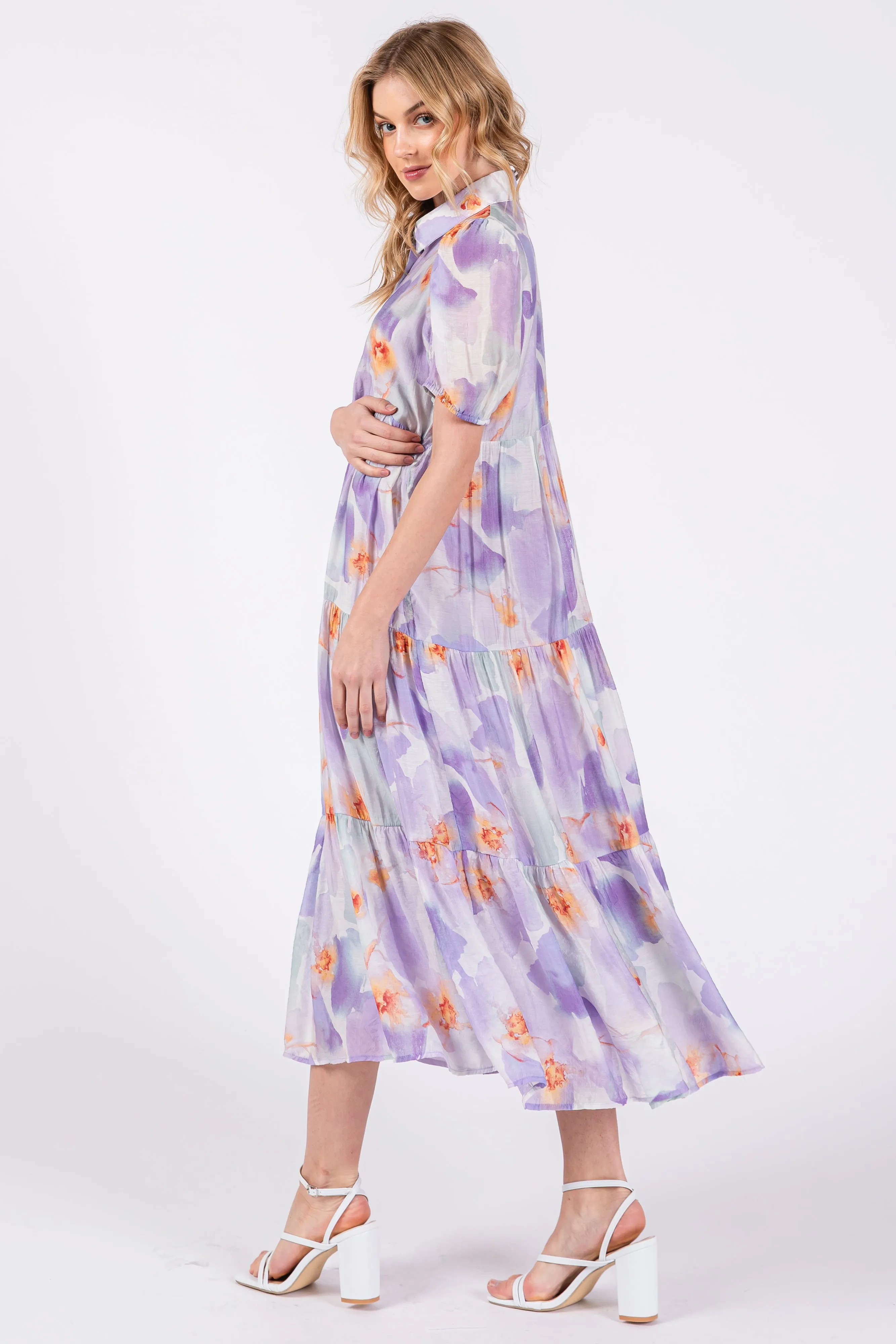 Lavender Floral Button Front Short Sleeve Tiered Midi Dress sold by Pinkblush product image thumbnail 3