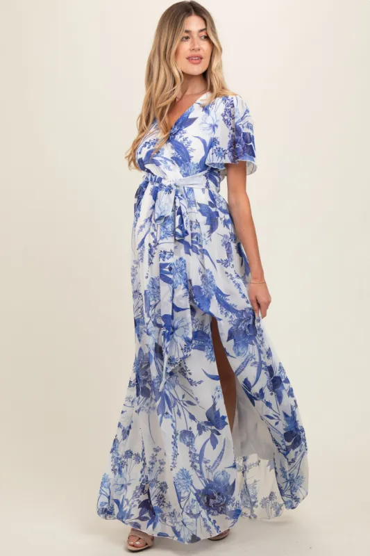 Blue Floral Side Slit Maternity Wrap Maxi Dress sold by Pinkblush