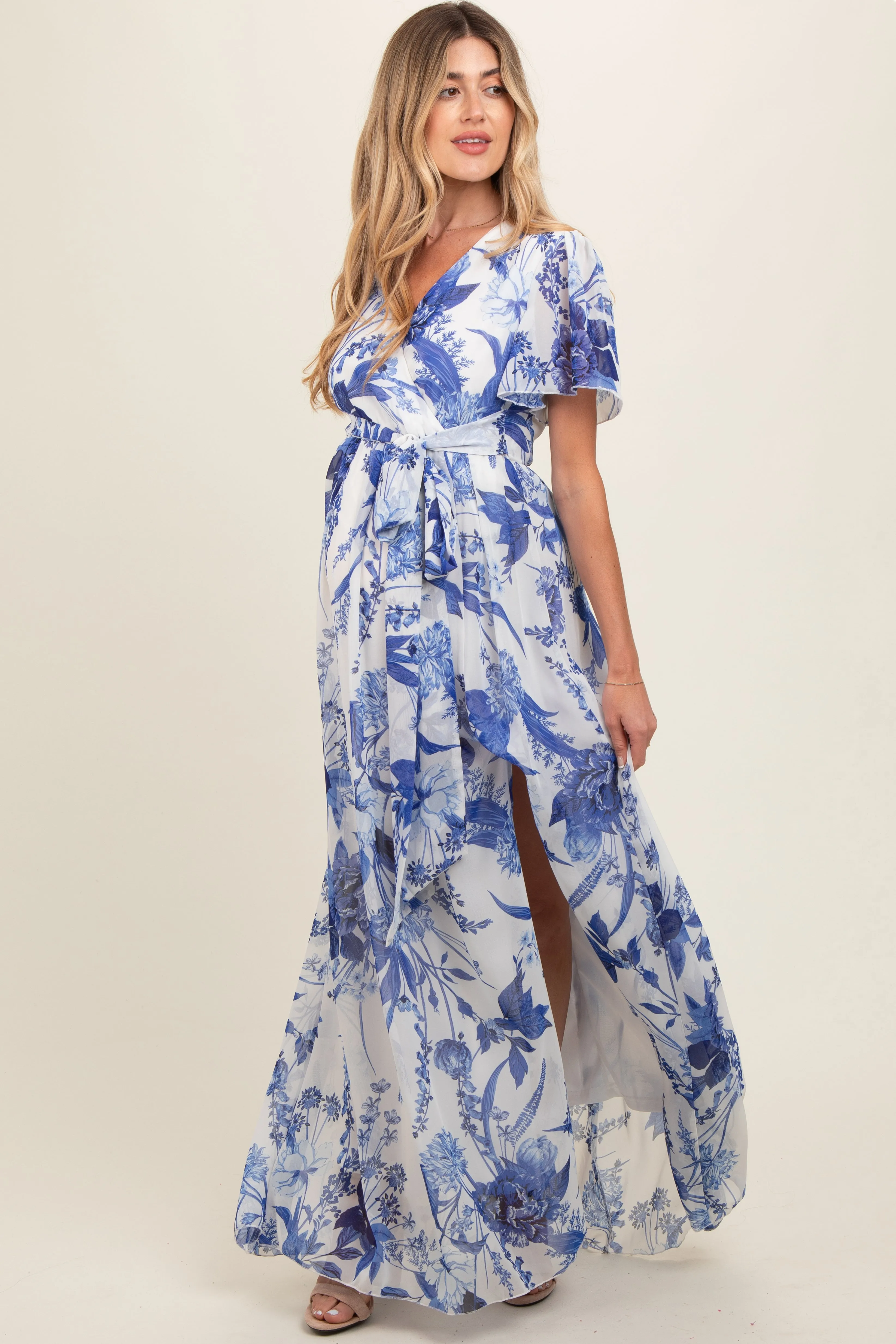 Blue Floral Side Slit Maternity Wrap Maxi Dress sold by Pinkblush