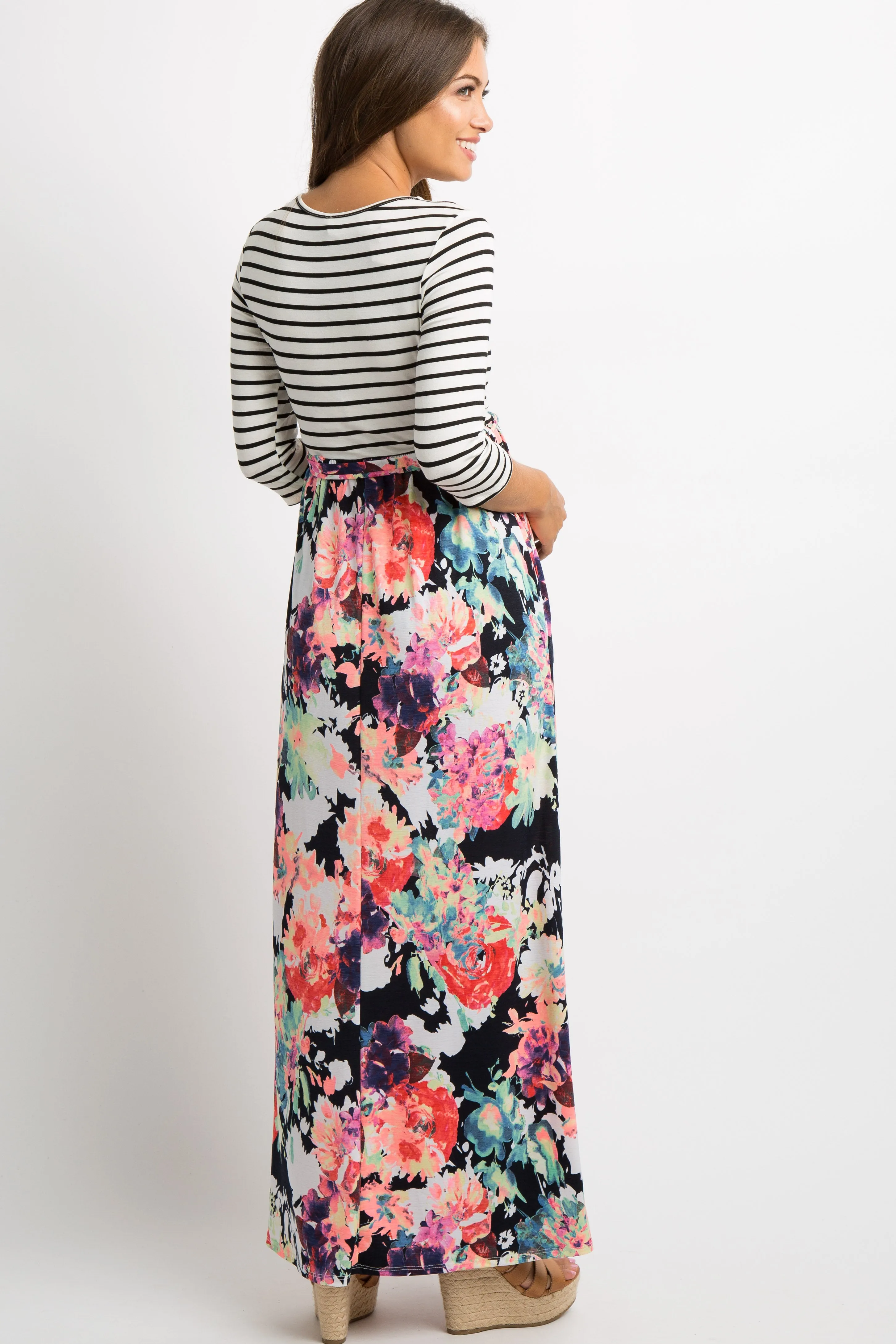 PinkBlush Navy Blue Neon Floral Striped Colorblock Maternity Maxi sold by Pinkblush product image thumbnail 3