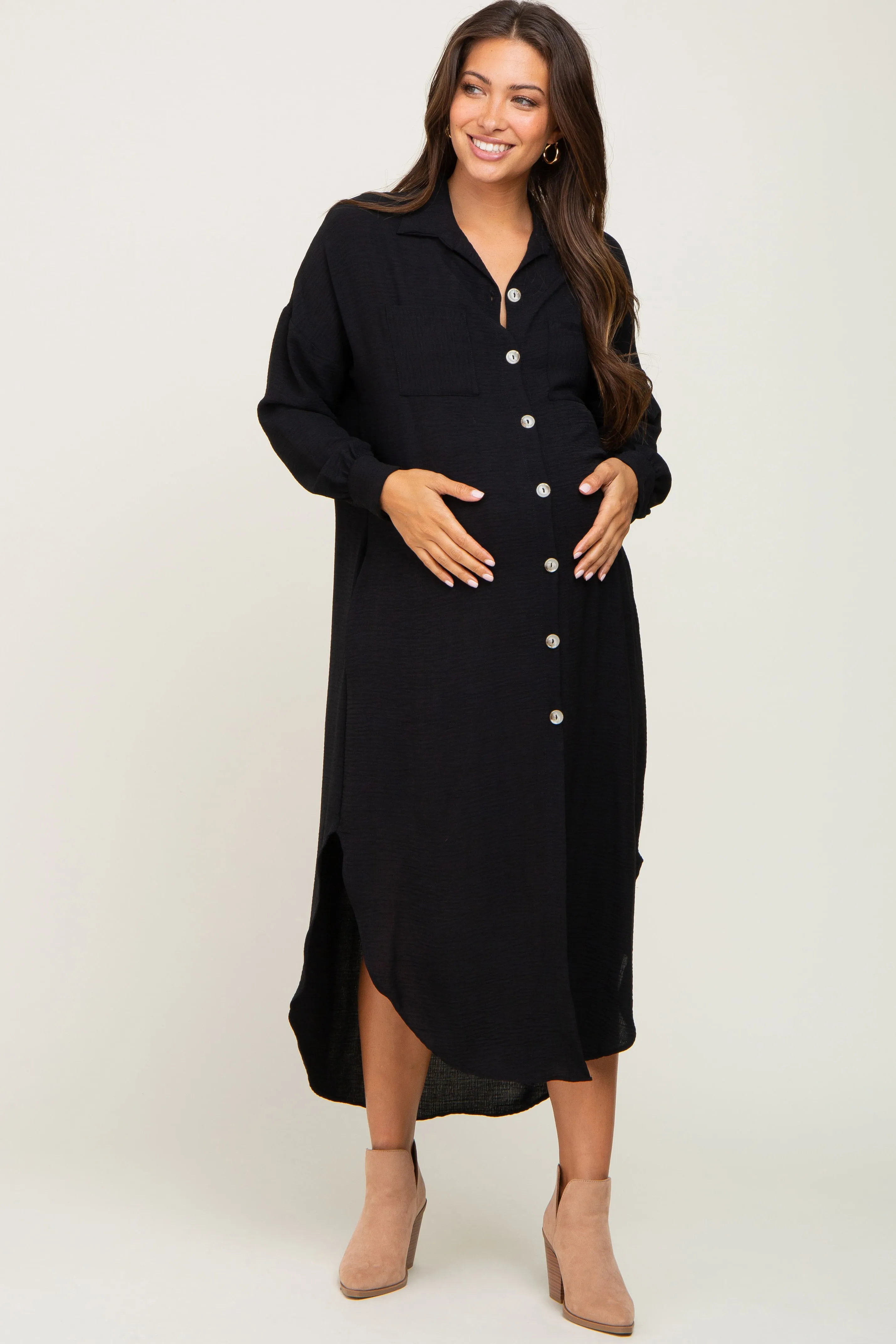 Black Button Down Front Pocket Maternity Midi Dress sold by Pinkblush product image thumbnail 2