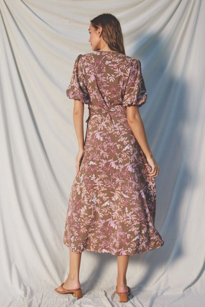 Taupe Mauve Balloon Sleeve Wrap Dress sold by Pinkblush product image thumbnail 3