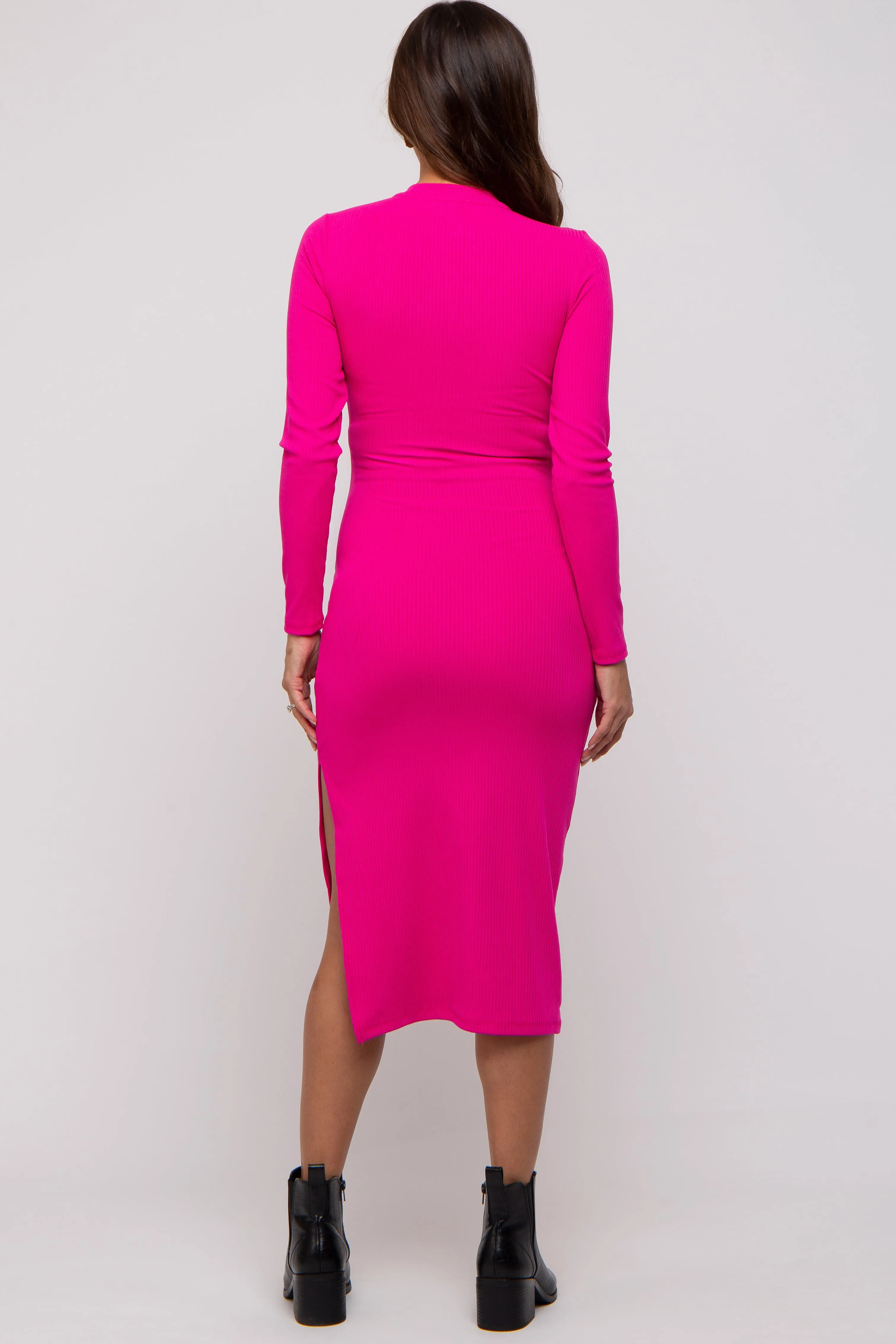 Fuchsia Ribbed Mock Neck Long Sleeve Maternity Midi Dress sold by Pinkblush product image thumbnail 3