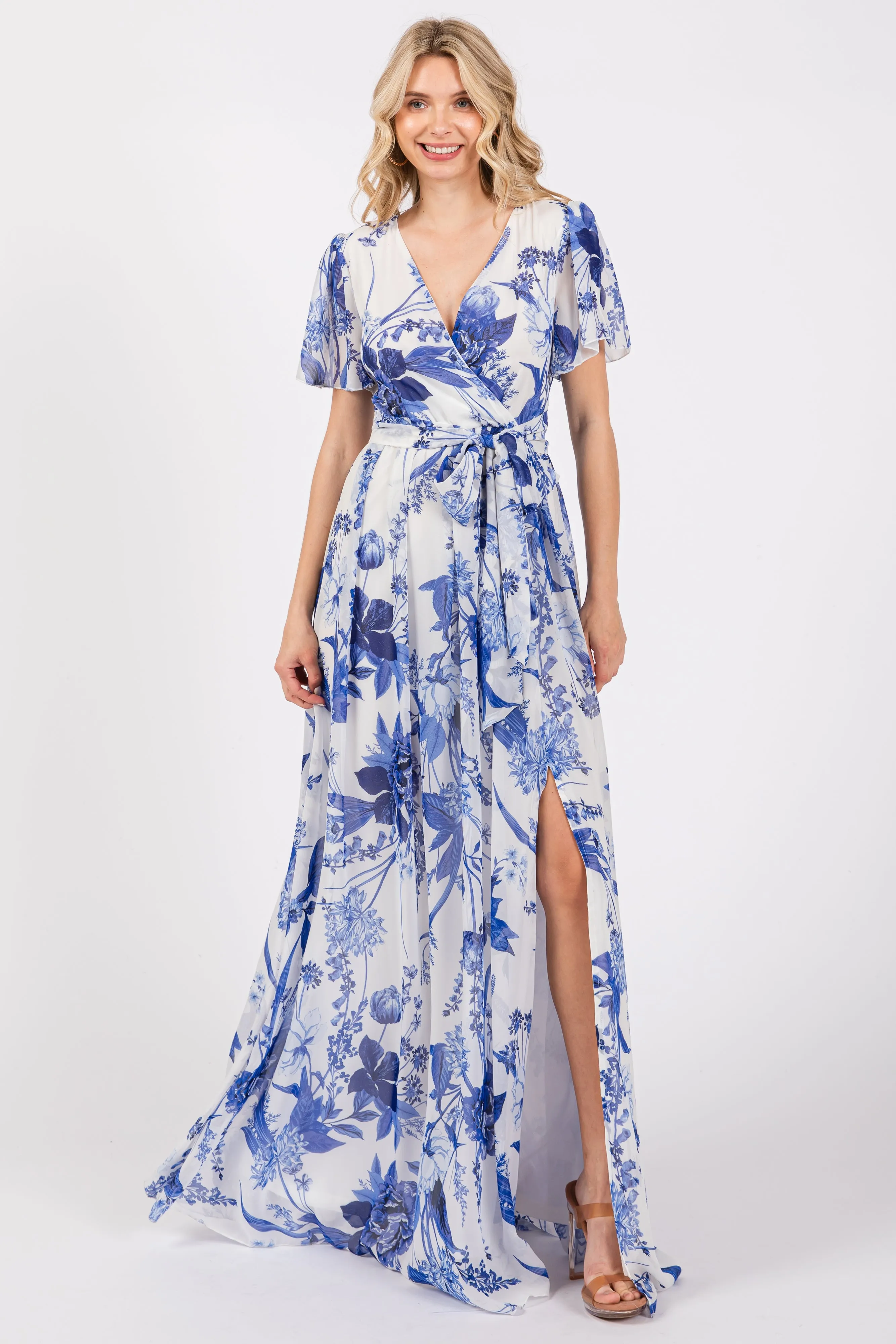 Blue Floral Side Slit Maternity Wrap Maxi Dress sold by Pinkblush product image thumbnail 5