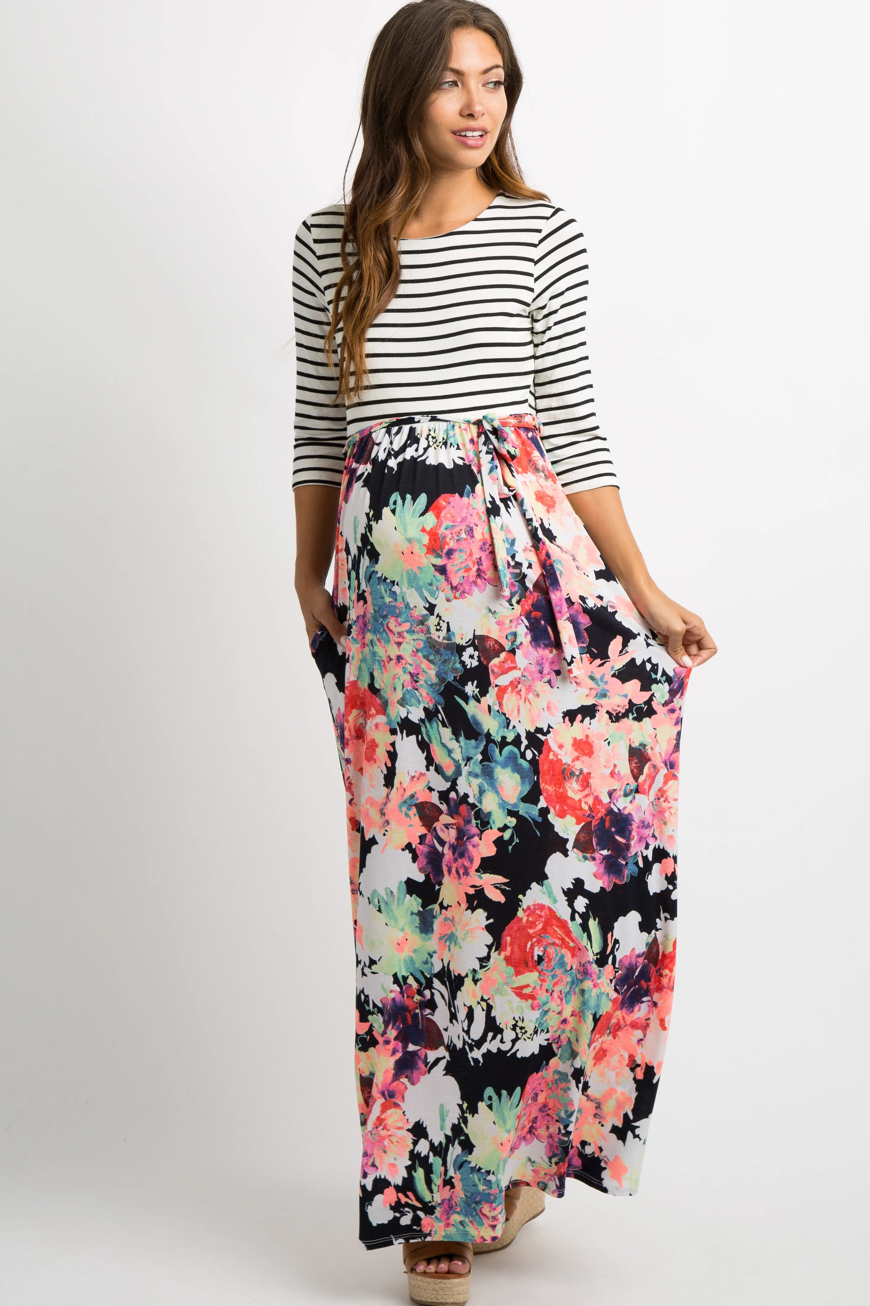 PinkBlush Navy Blue Neon Floral Striped Colorblock Maternity Maxi sold by Pinkblush