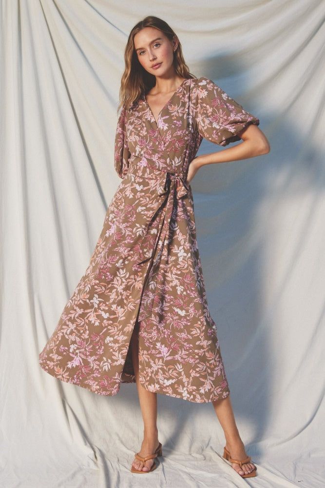 Taupe Mauve Balloon Sleeve Wrap Dress sold by Pinkblush