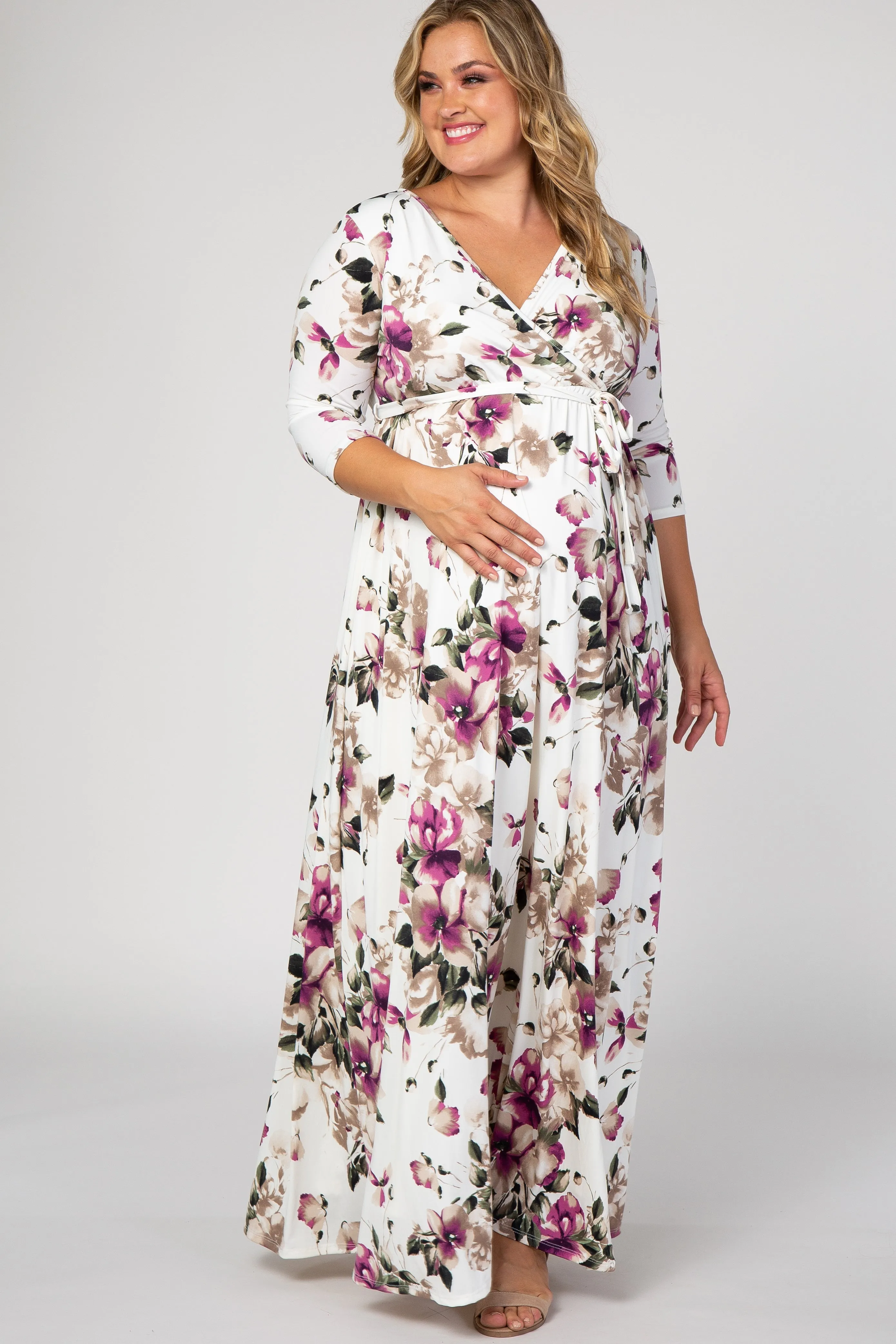 PinkBlush White Floral Plus Maternity/Nursing Wrap Maxi Dress sold by Pinkblush