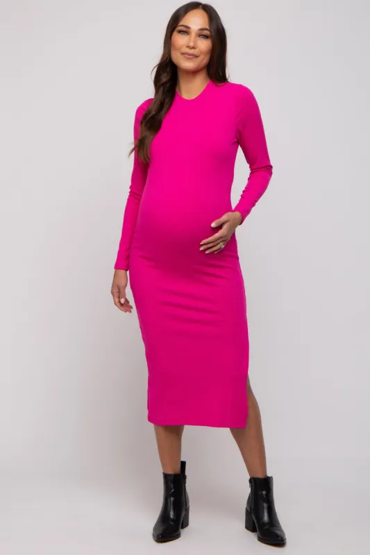 Fuchsia Ribbed Mock Neck Long Sleeve Maternity Midi Dress sold by Pinkblush
