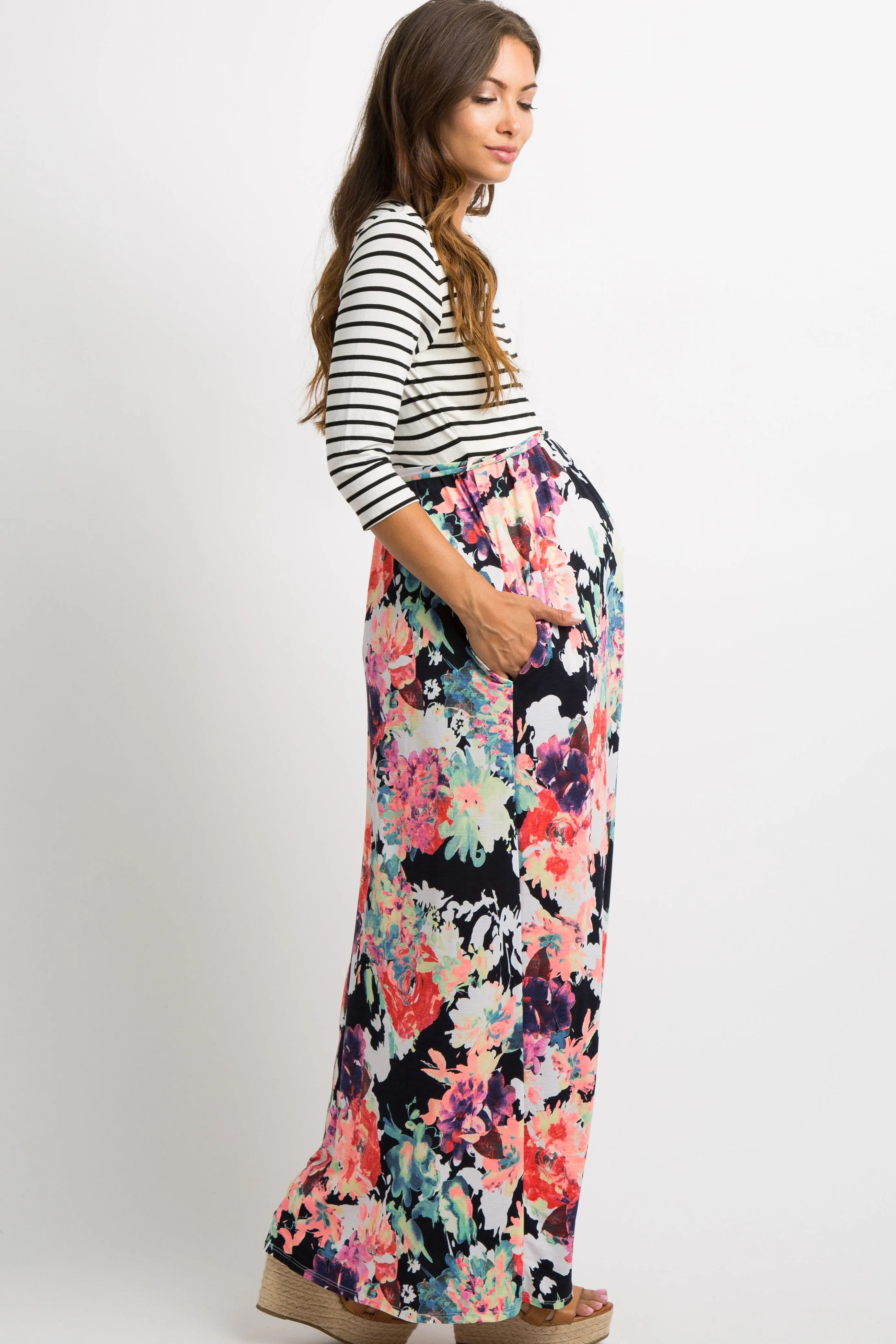 PinkBlush Navy Blue Neon Floral Striped Colorblock Maternity Maxi sold by Pinkblush product image thumbnail 2