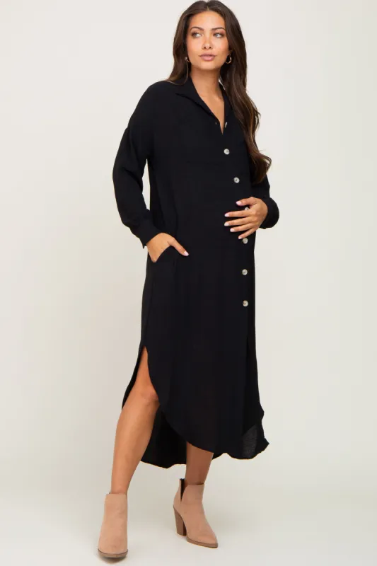 Black Button Down Front Pocket Maternity Midi Dress sold by Pinkblush