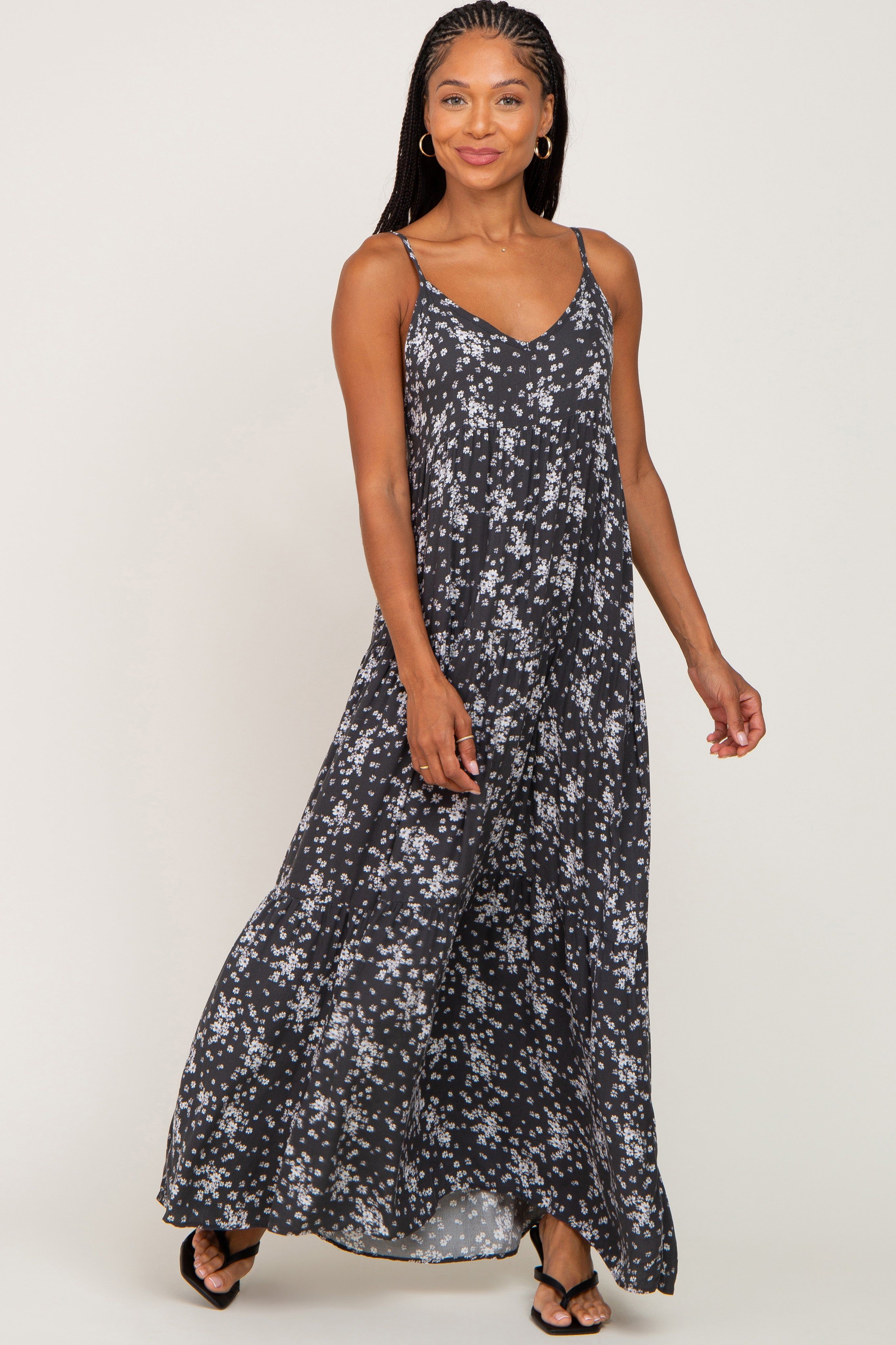 Charcoal Floral Sleeveless Tiered Maxi Dress sold by Pinkblush