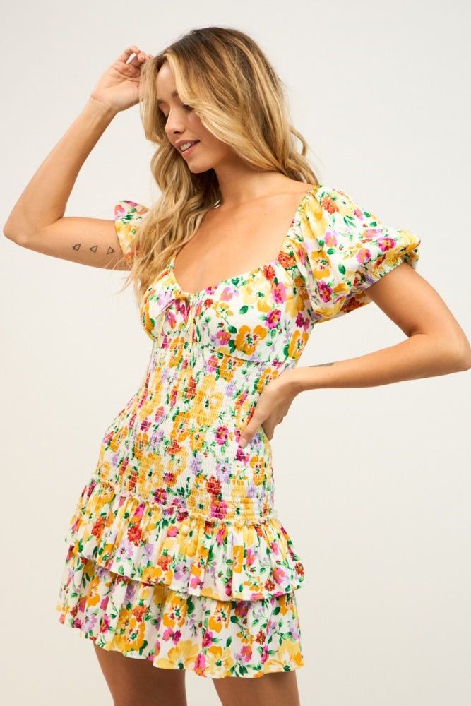 Cream Floral Puff Short Sleeve Layered Ruffle Mini Dress sold by Pinkblush