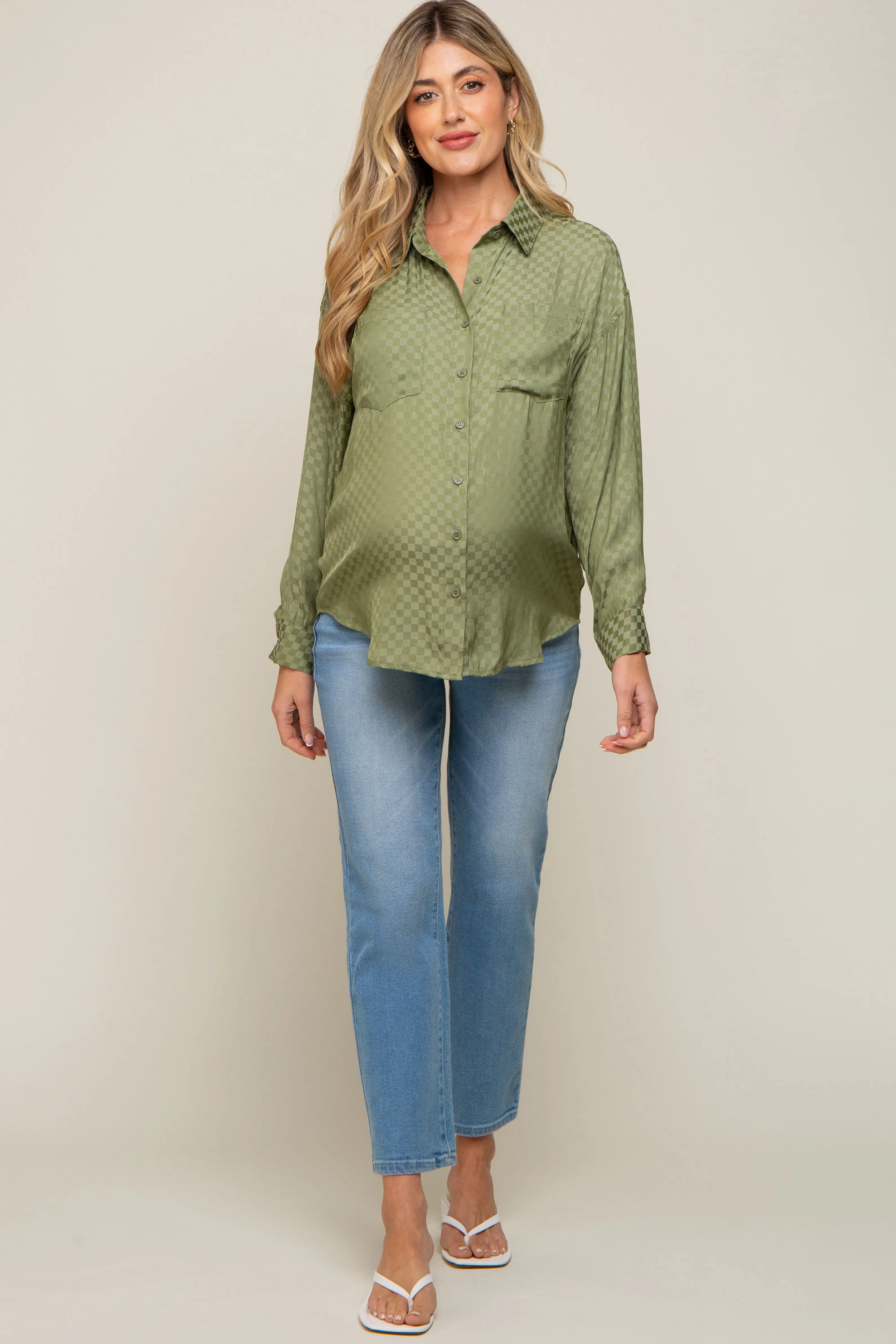 Olive Satin Checkered Button-Down Long Sleeve Maternity Top sold by Pinkblush product image thumbnail 4