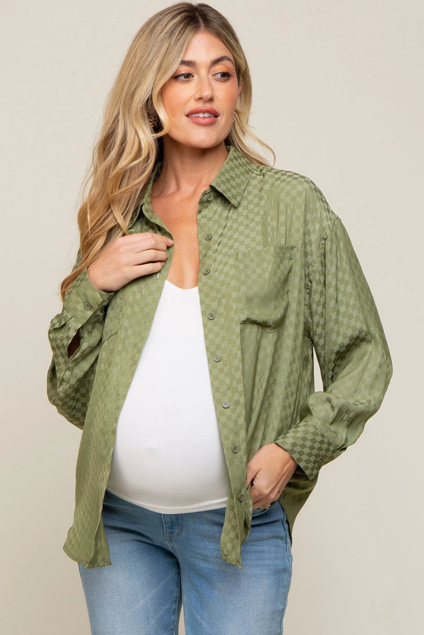 Olive Satin Checkered Button-Down Long Sleeve Maternity Top sold by Pinkblush