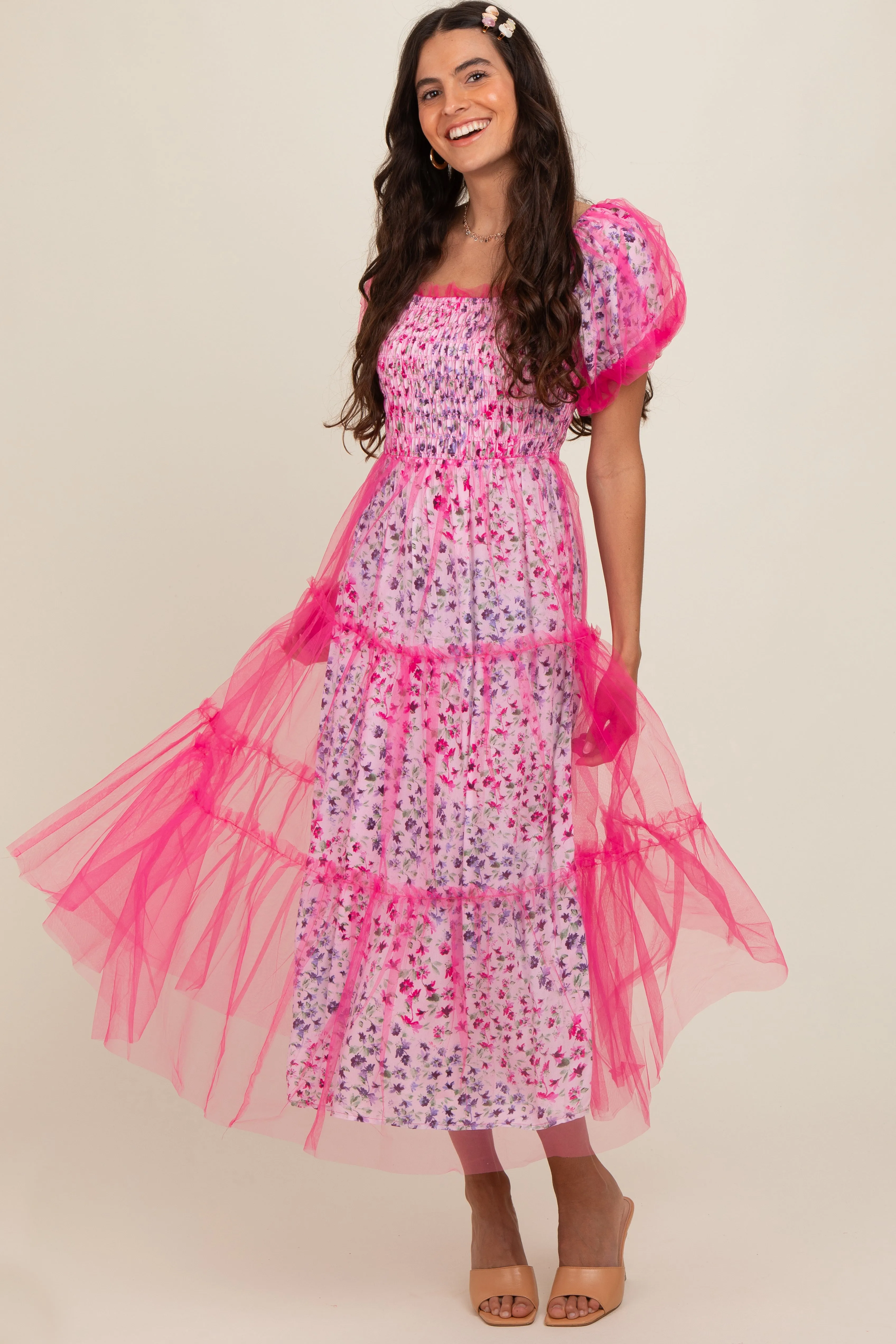 Magenta Floral Lined Smocked Tulle Maternity Midi Dress sold by Pinkblush product image thumbnail 4