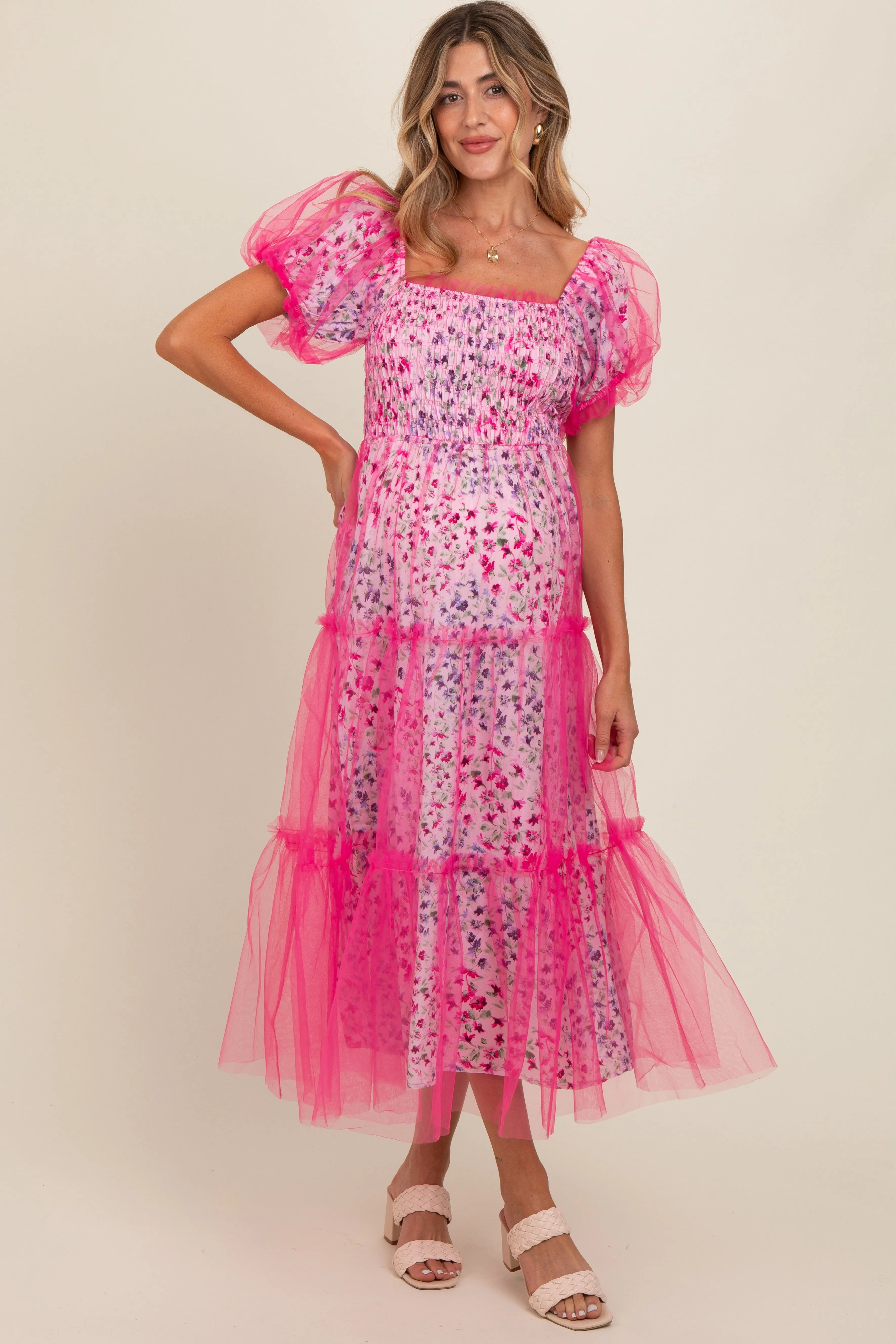 Magenta Floral Lined Smocked Tulle Maternity Midi Dress sold by Pinkblush