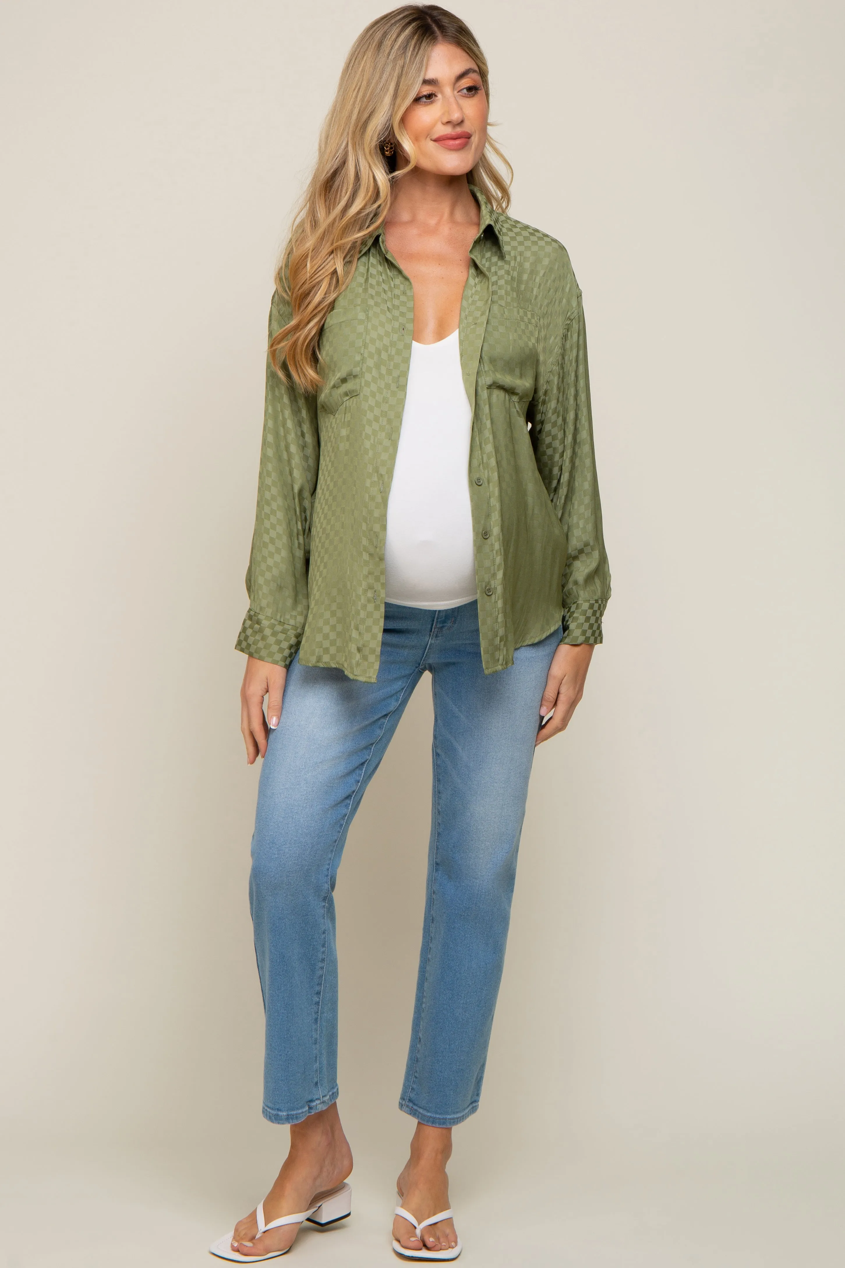 Olive Satin Checkered Button-Down Long Sleeve Maternity Top sold by Pinkblush product image thumbnail 5