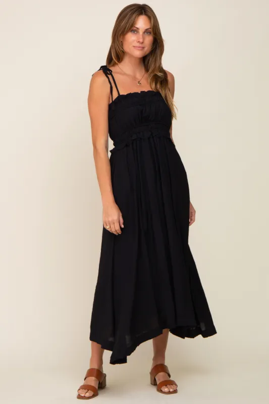 Black Shirred Shoulder Tie Midi Dress sold by Pinkblush