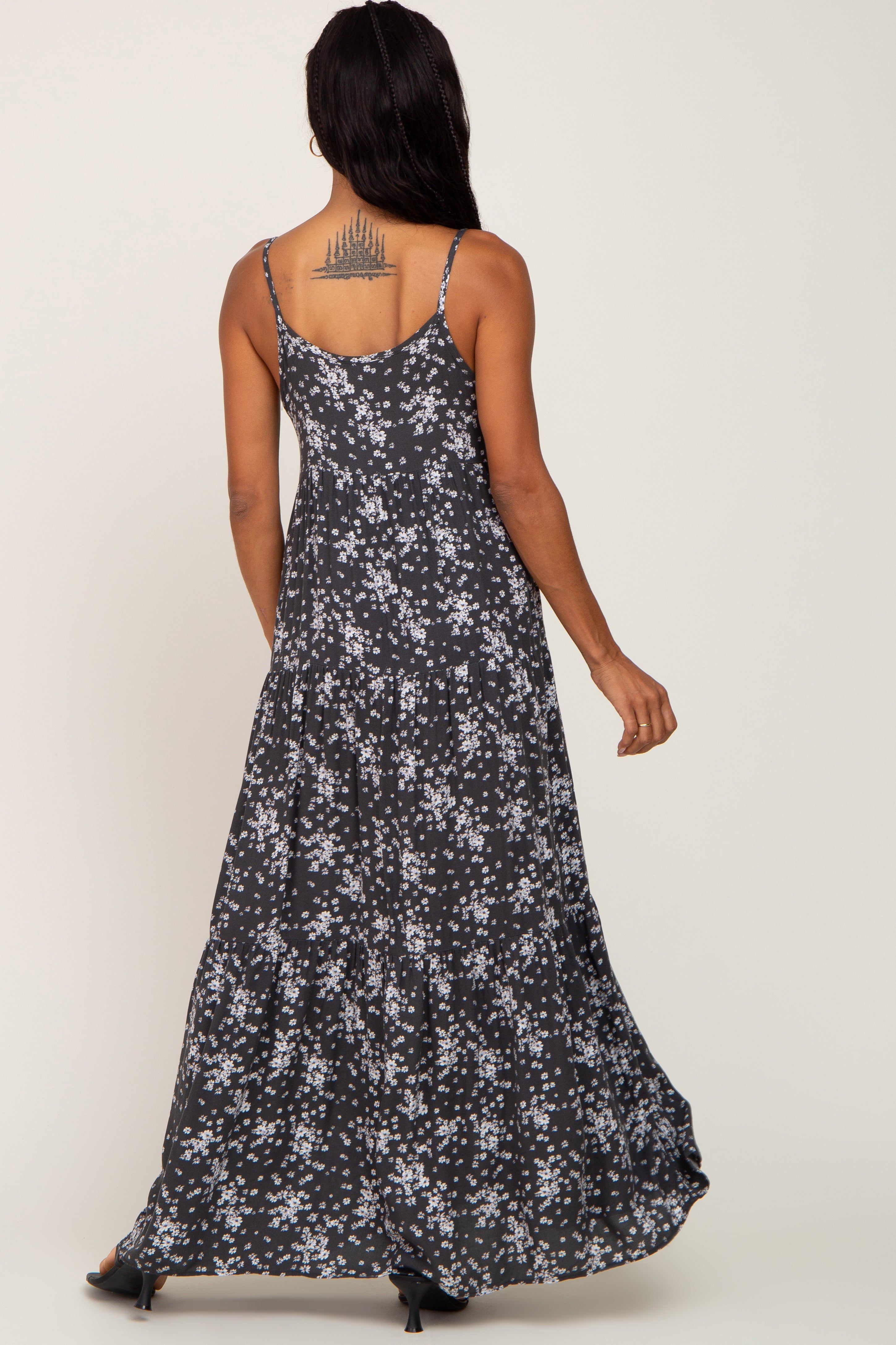 Charcoal Floral Sleeveless Tiered Maxi Dress sold by Pinkblush product image thumbnail 3