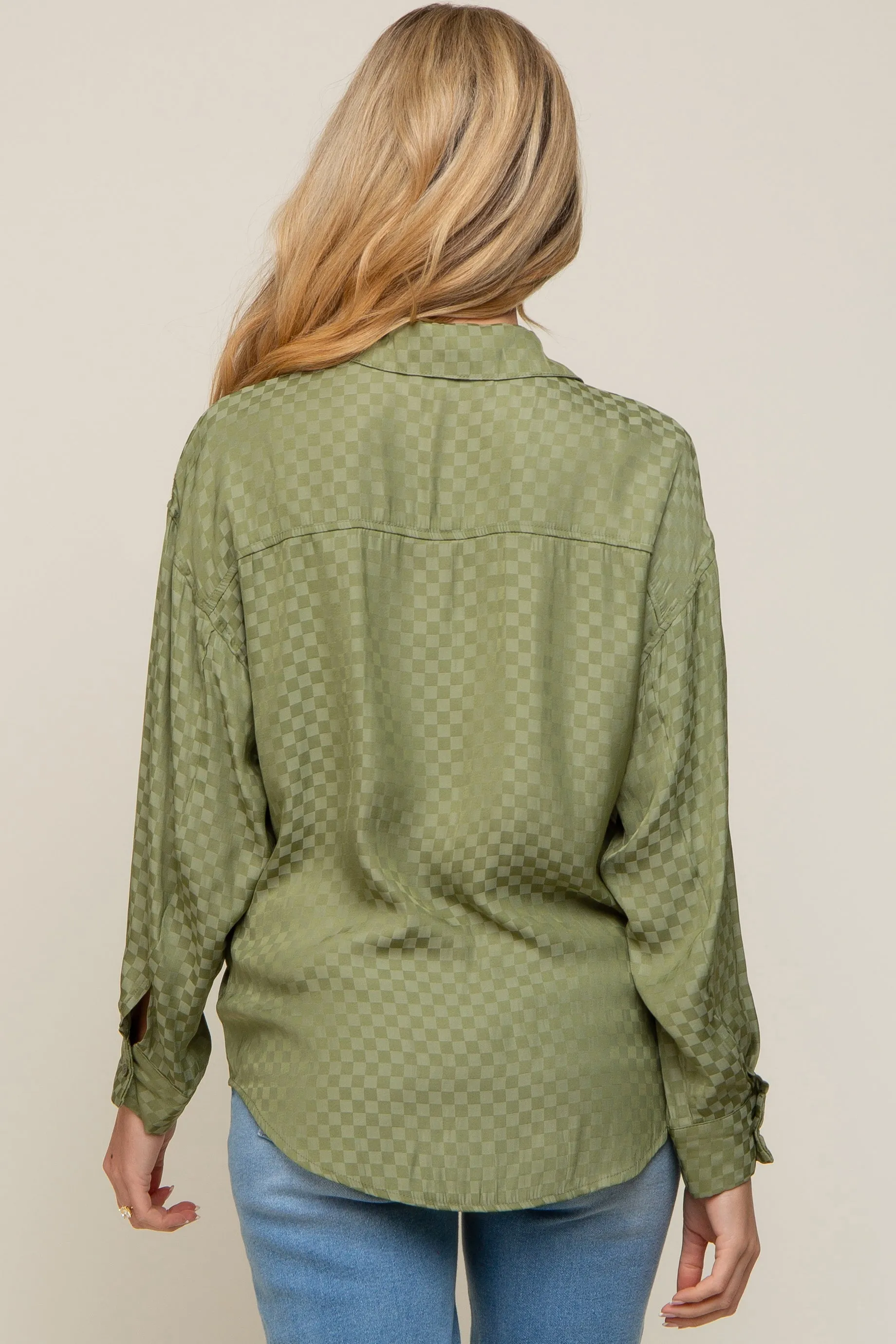 Olive Satin Checkered Button-Down Long Sleeve Maternity Top sold by Pinkblush product image thumbnail 3