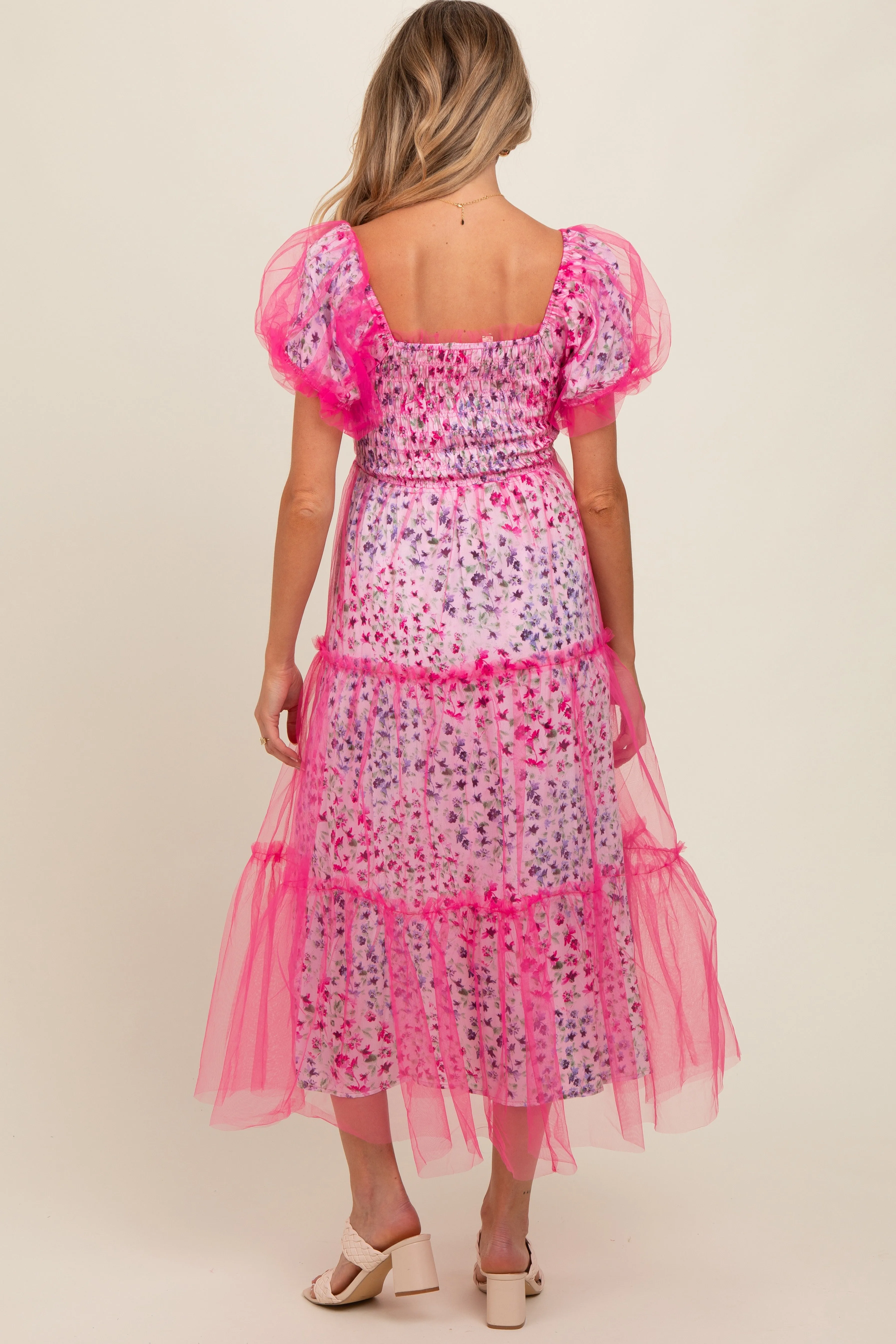 Magenta Floral Lined Smocked Tulle Maternity Midi Dress sold by Pinkblush product image thumbnail 3