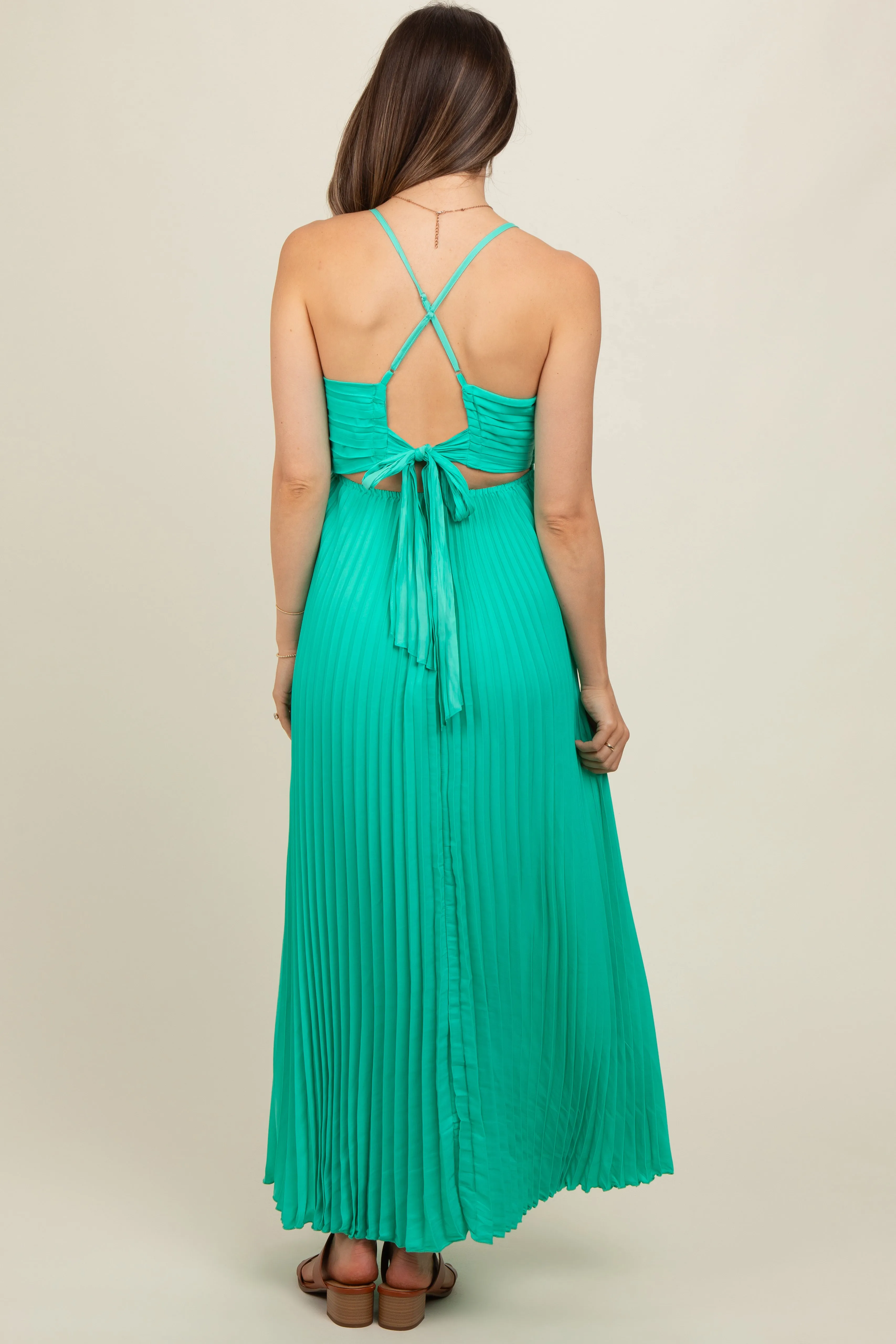 Turquoise Pleated Back Cutout Tie Maternity Maxi Dress sold by Pinkblush product image thumbnail 4