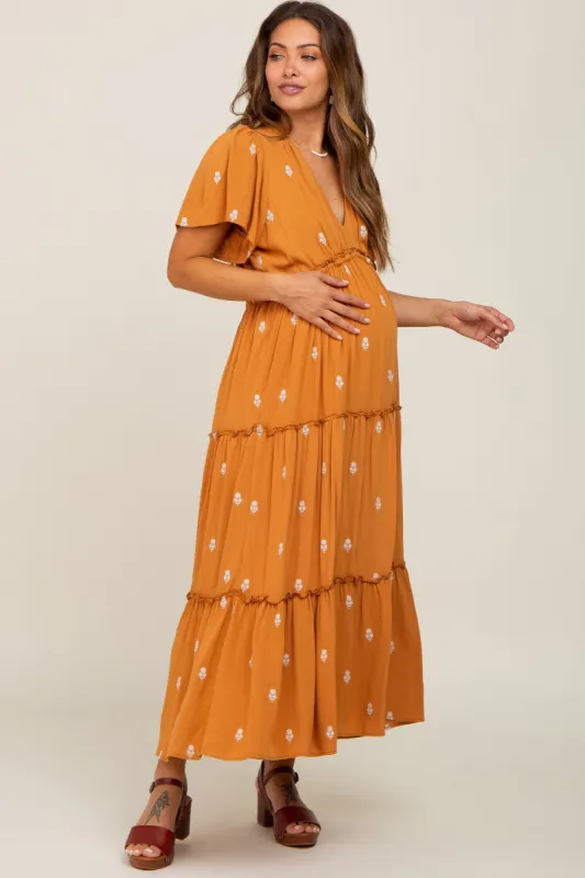 Camel Floral Embroidered Tiered Maternity Maxi Dress sold by Pinkblush