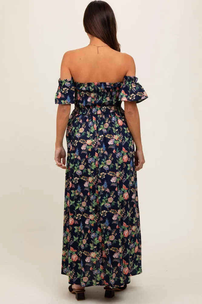 Navy Blue Floral Off Shoulder Maternity Dress sold by Pinkblush product image thumbnail 3