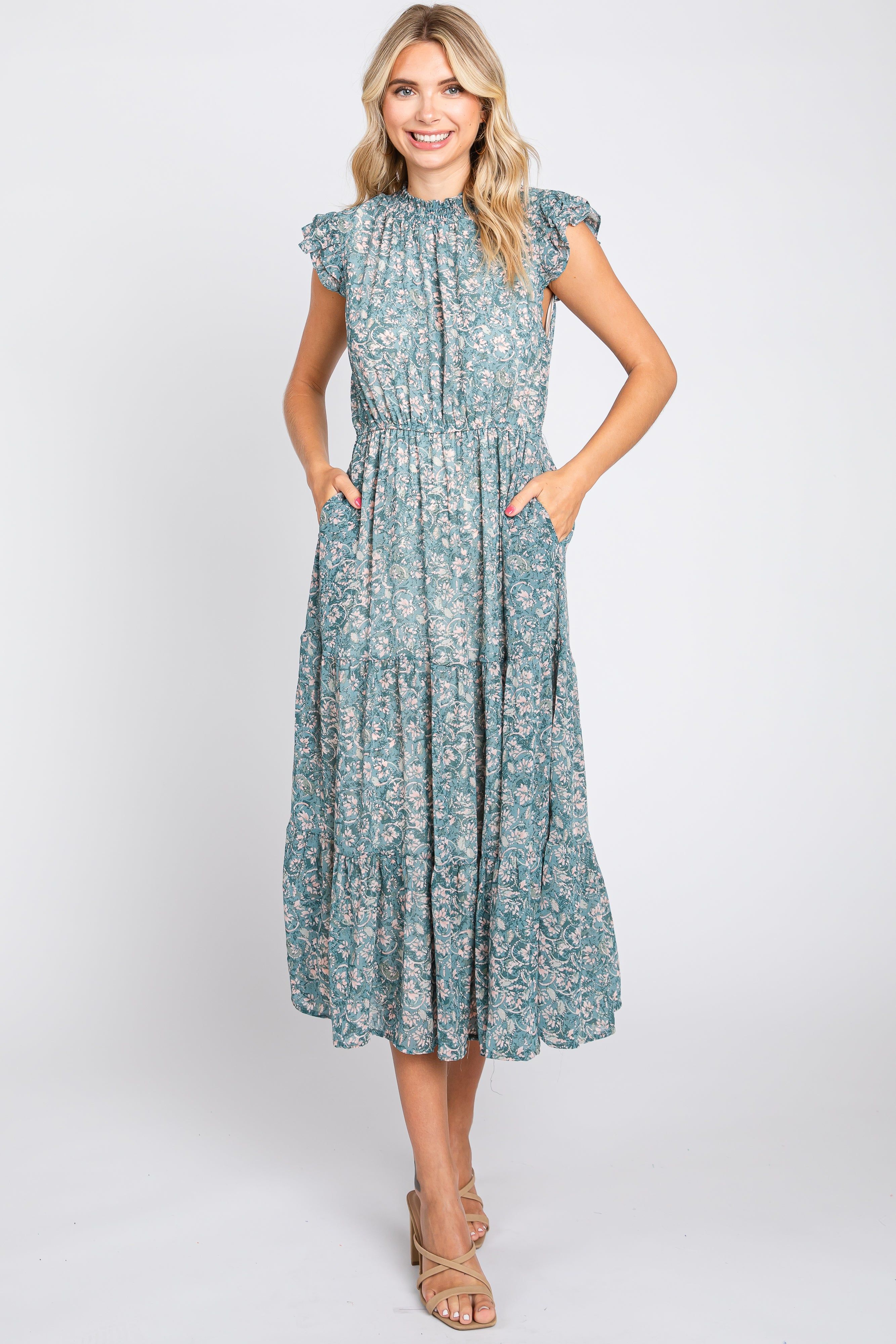 Teal Floral Tiered Midi Dress sold by Pinkblush