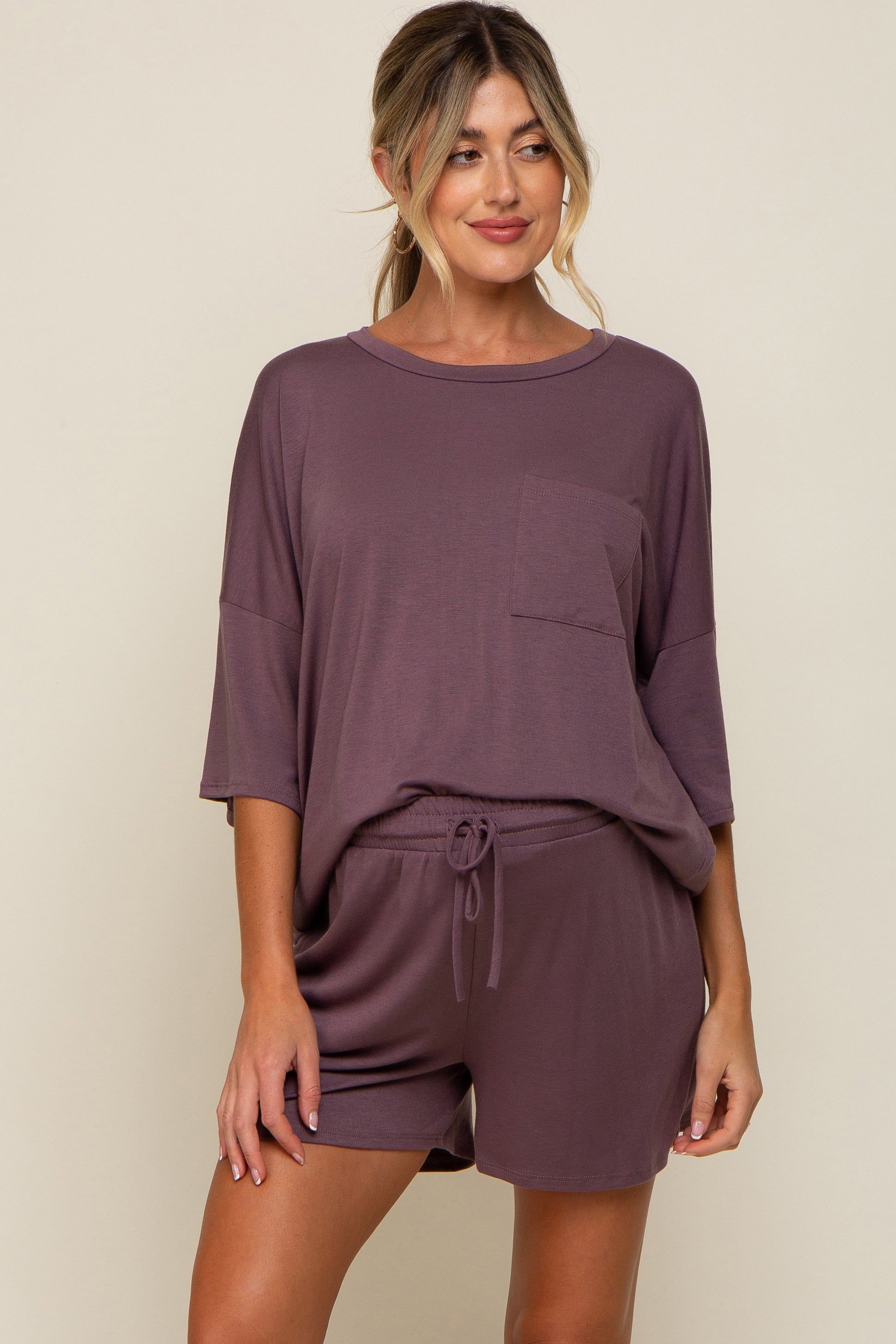Plum Pocket Front Short Sleeve Maternity Pajama Short Set sold by Pinkblush