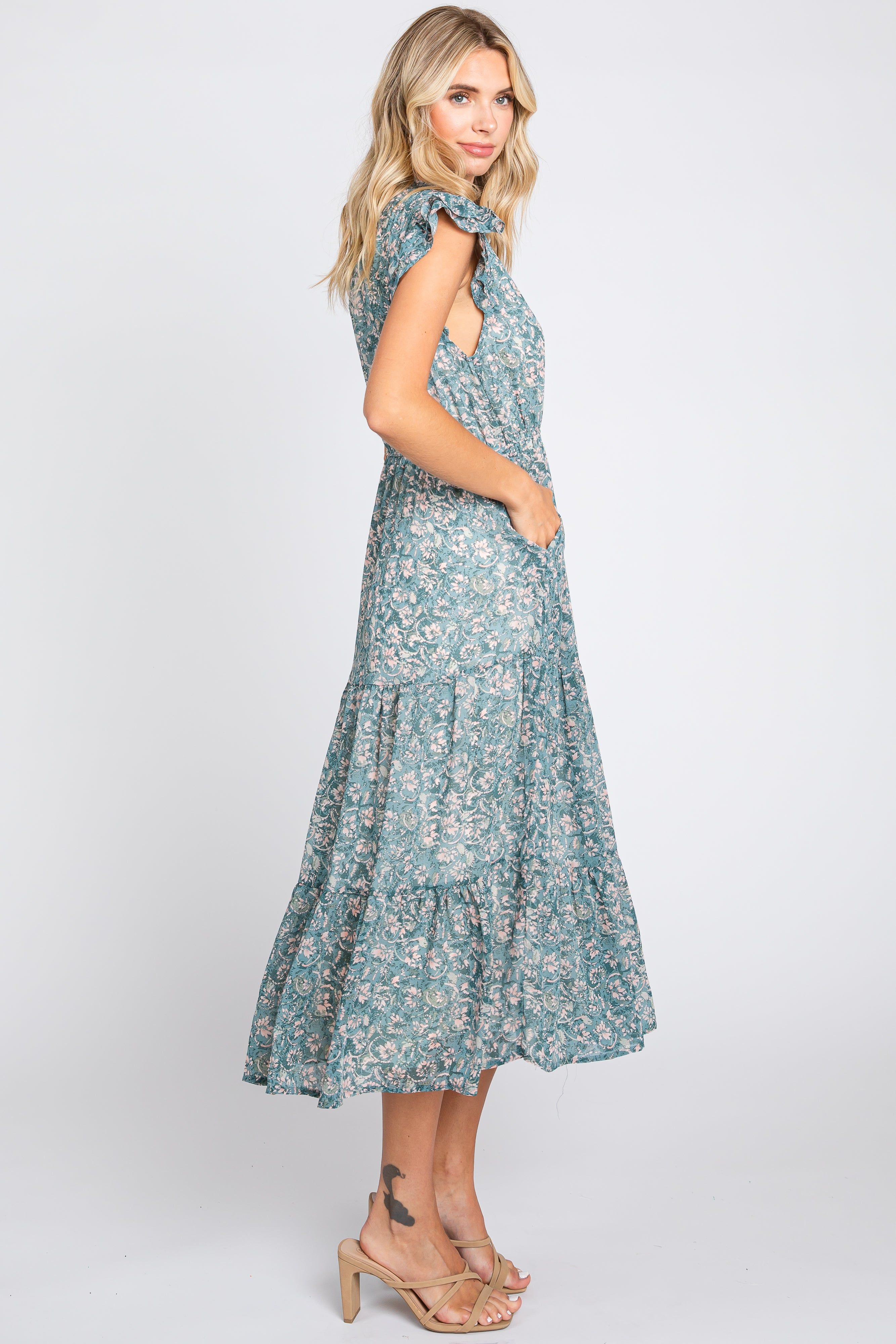 Teal Floral Tiered Midi Dress sold by Pinkblush product image thumbnail 2