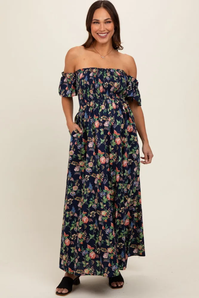 Navy Blue Floral Off Shoulder Maternity Dress sold by Pinkblush