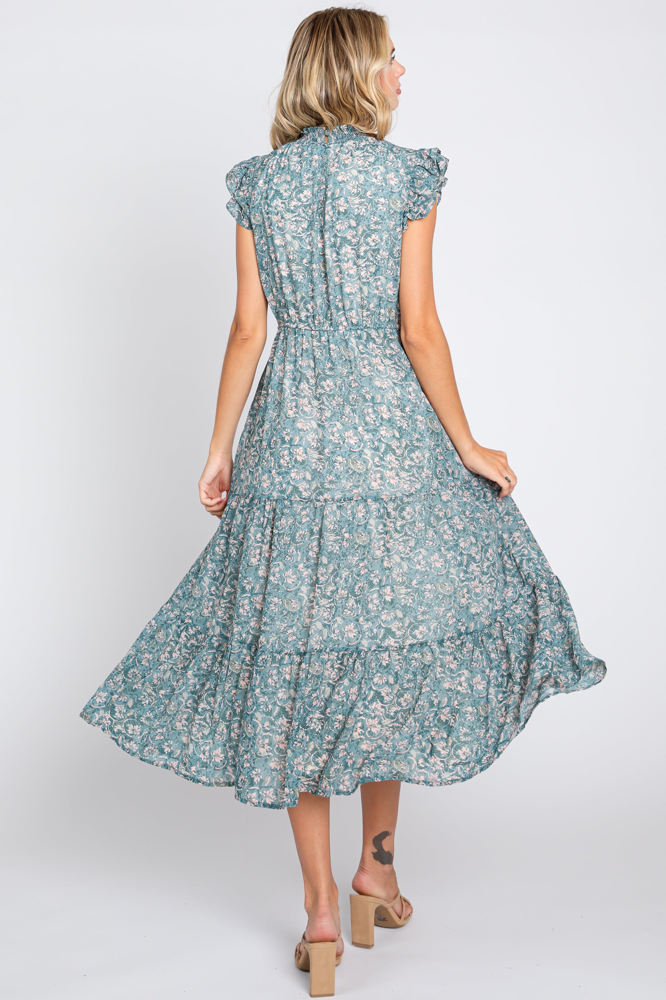 Teal Floral Tiered Midi Dress sold by Pinkblush product image thumbnail 3