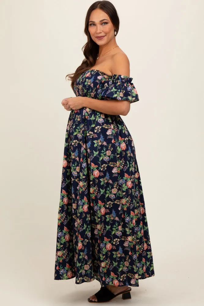 Navy Blue Floral Off Shoulder Maternity Dress sold by Pinkblush product image thumbnail 2