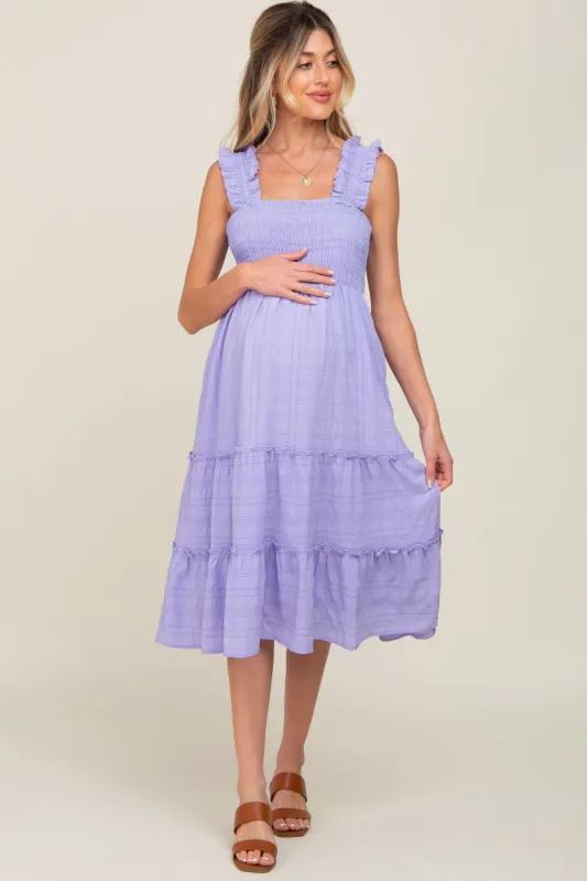 Lavender Smocked Square Neck Ruffle Strap Tiered Maternity Midi Dress sold by Pinkblush