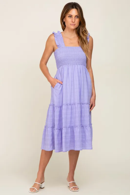 Lavender Smocked Square Neck Ruffle Strap Tiered Midi Dress sold by Pinkblush