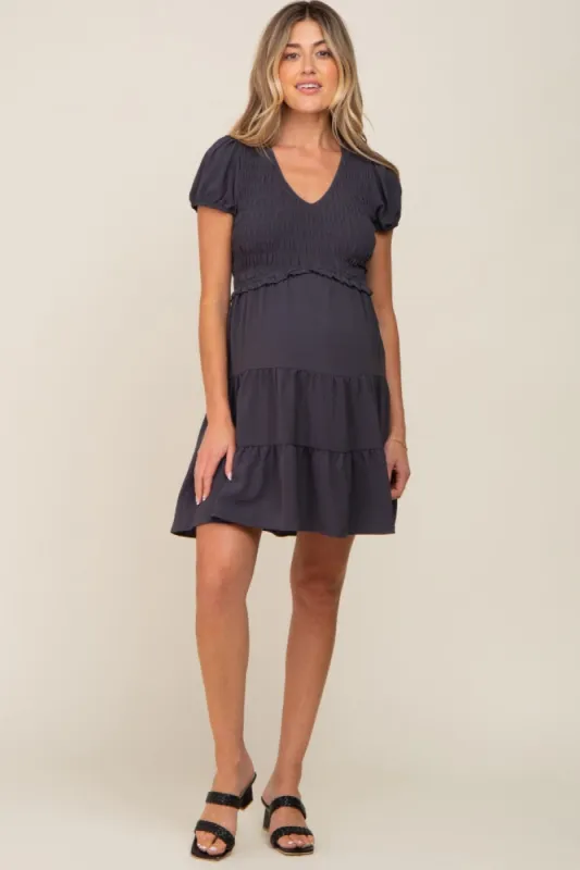 Charcoal Smocked Tiered Maternity Mini Dress sold by Pinkblush