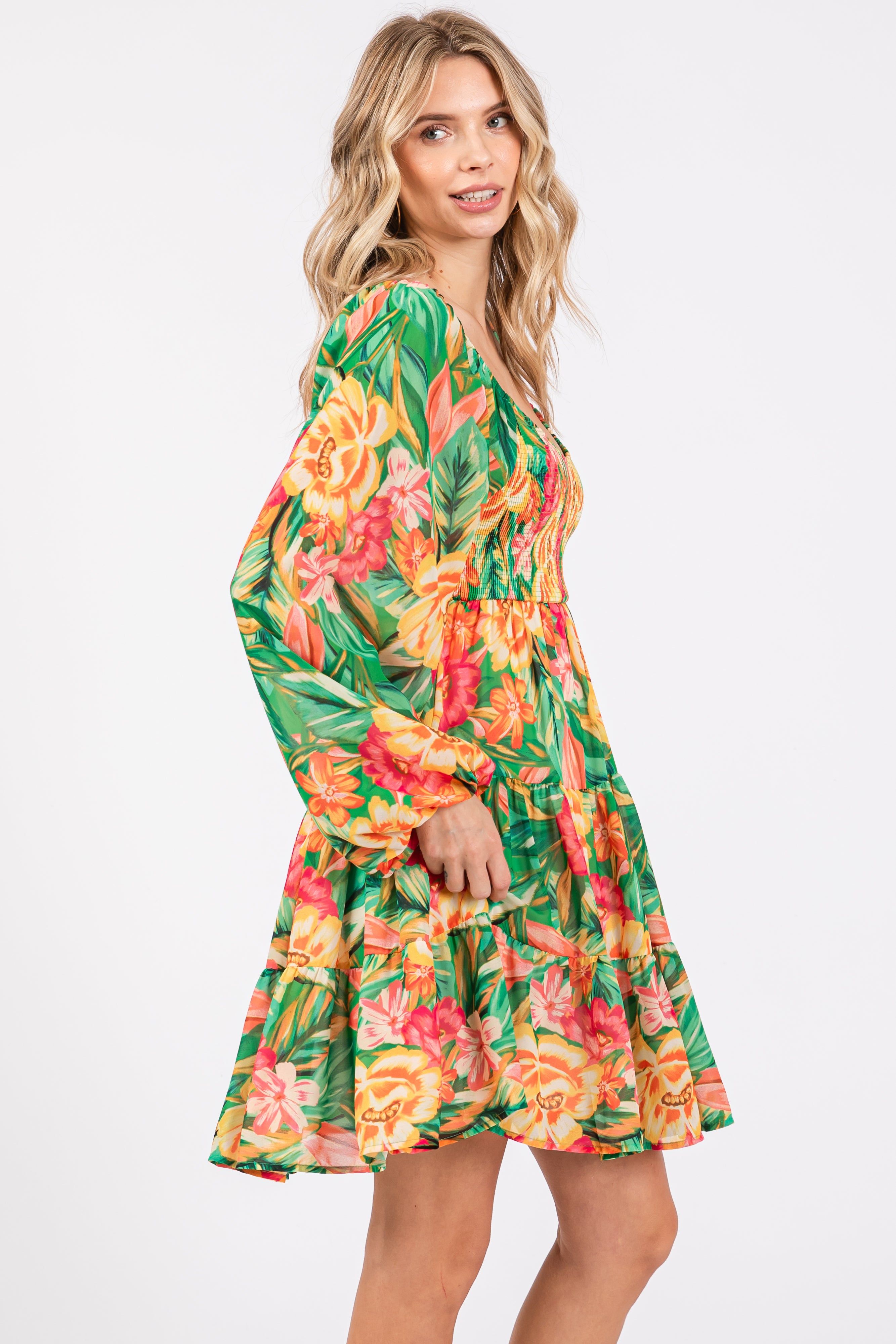 Green Tropical Floral Smocked V-Neck Midi Dress sold by Pinkblush product image thumbnail 4