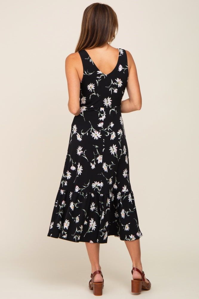 Black Floral Wrap Front V-Neck Ruffle Midi Dress sold by Pinkblush product image thumbnail 3