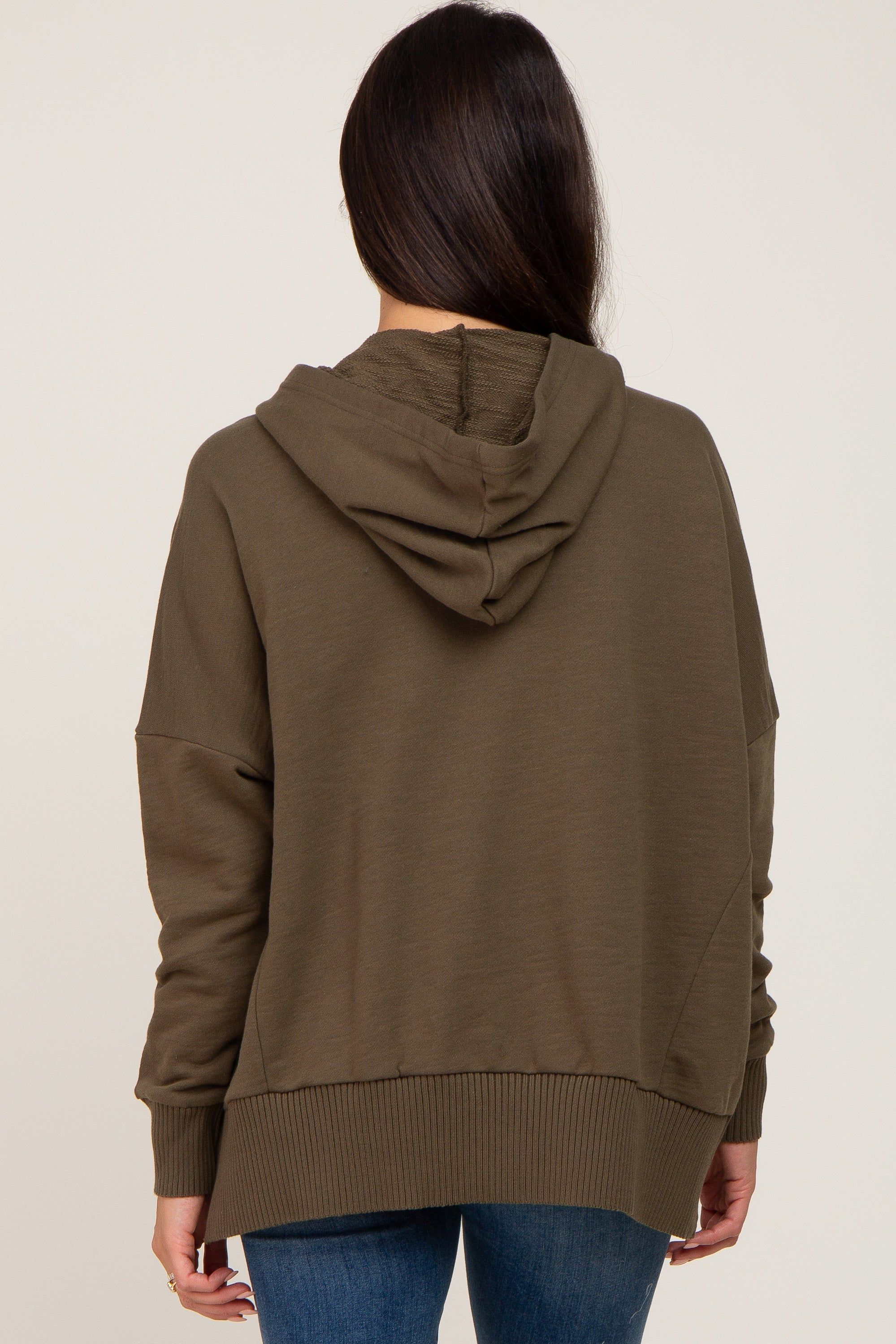 Olive Button Front Ribbed Trim Hooded Sweatshirt sold by Pinkblush product image thumbnail 3