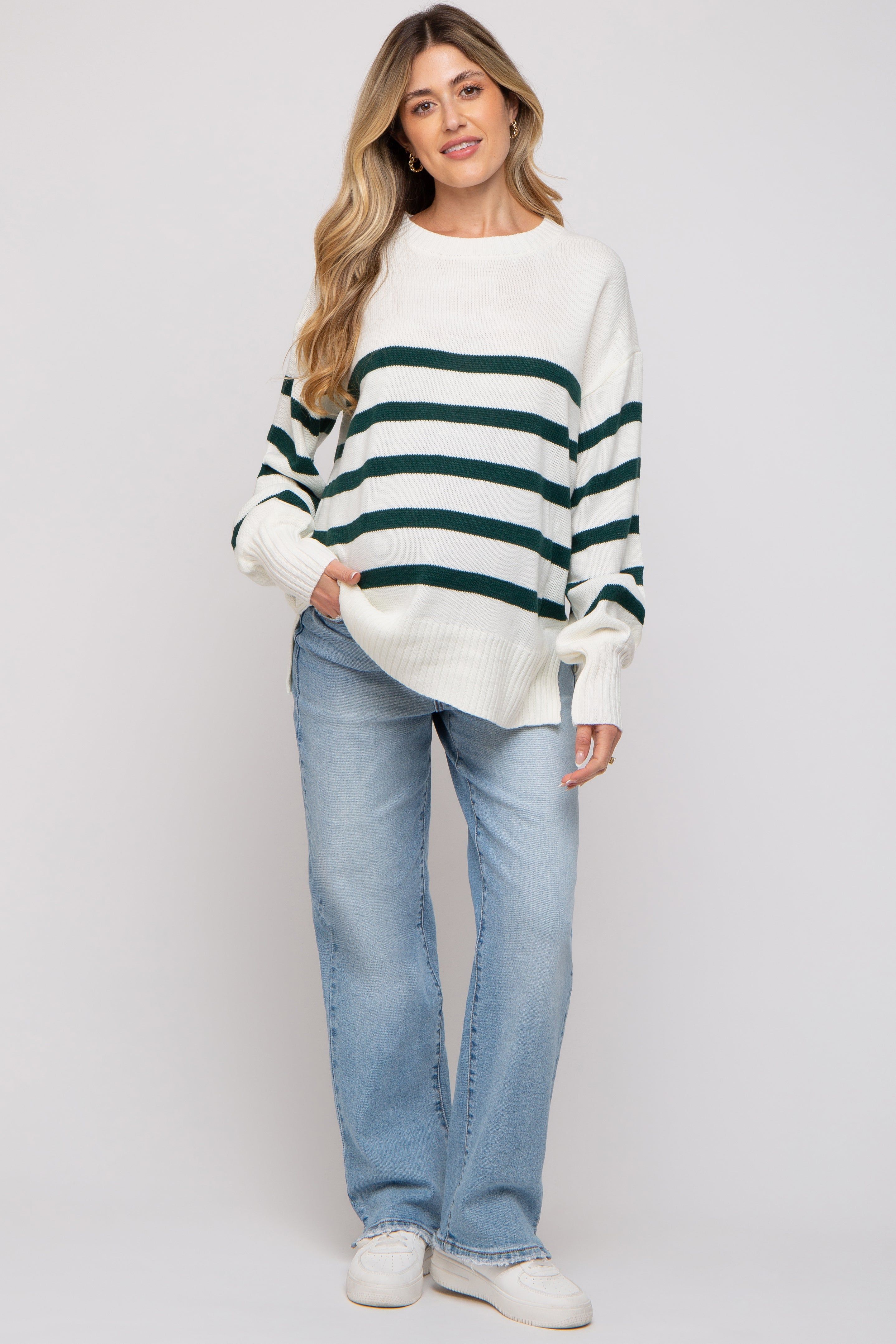 Forest Green Striped Oversized Side Slit Maternity Sweater sold by Pinkblush product image thumbnail 5