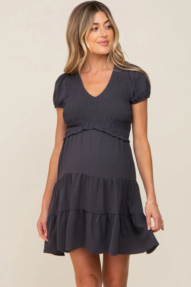 Charcoal Smocked Tiered Maternity Mini Dress sold by Pinkblush product image thumbnail 2
