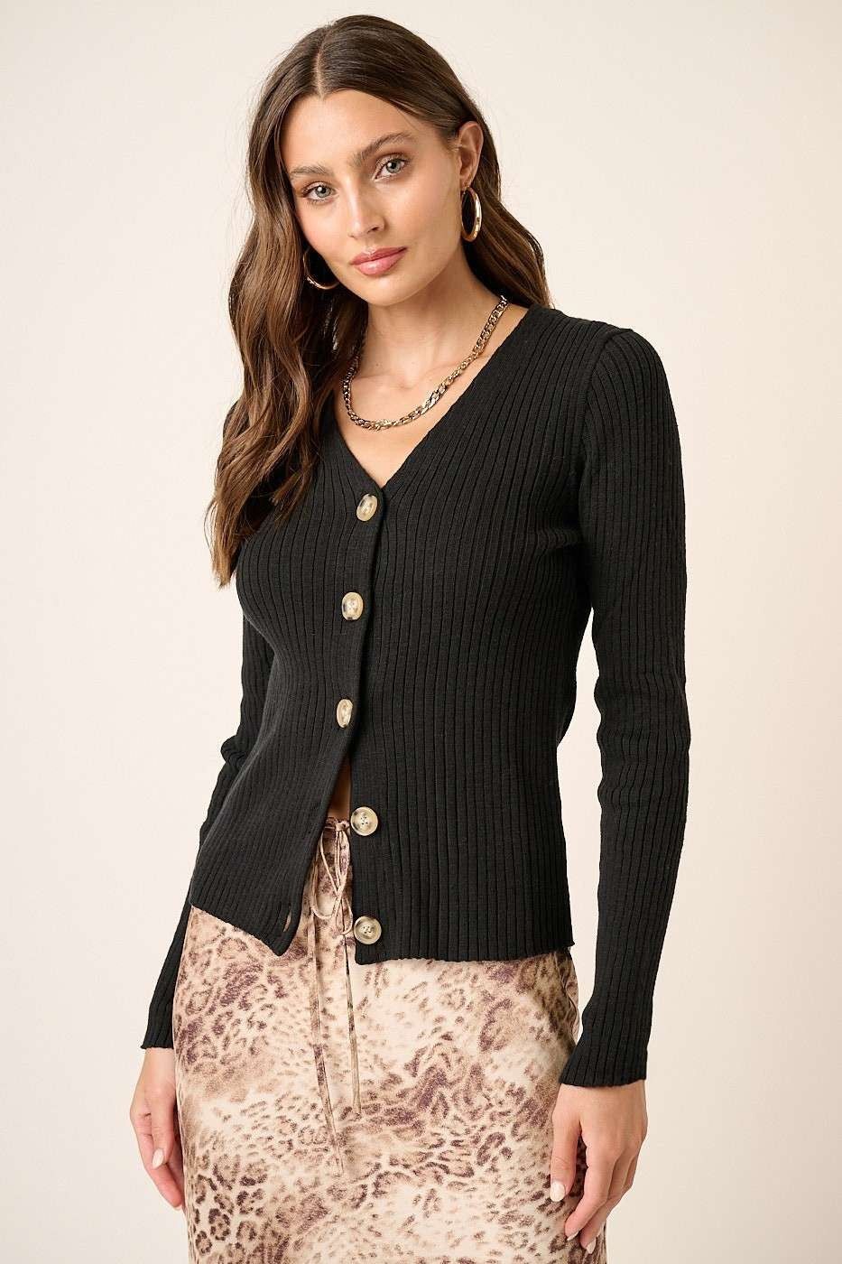 Black Rib Knit Button Front Sweater Cardigan sold by Pinkblush product image thumbnail 2