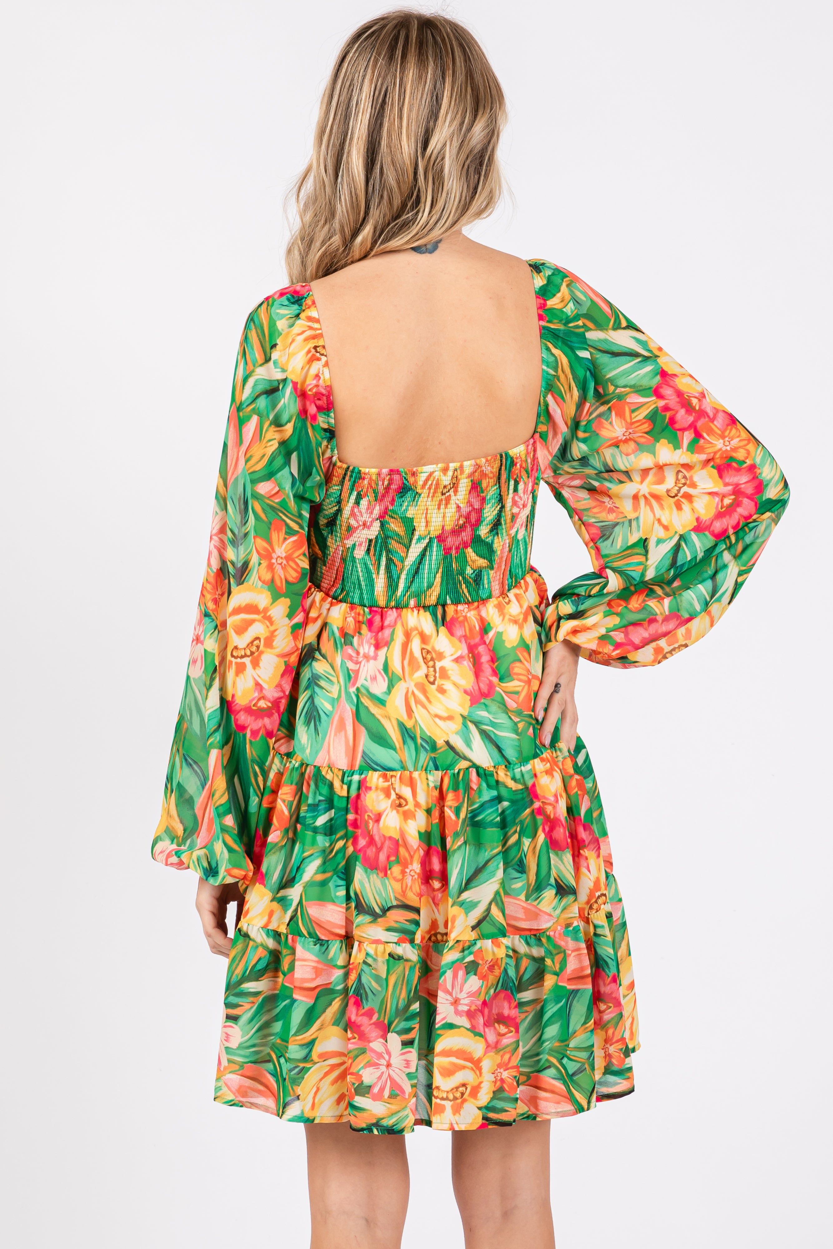 Green Tropical Floral Smocked V-Neck Midi Dress sold by Pinkblush product image thumbnail 5