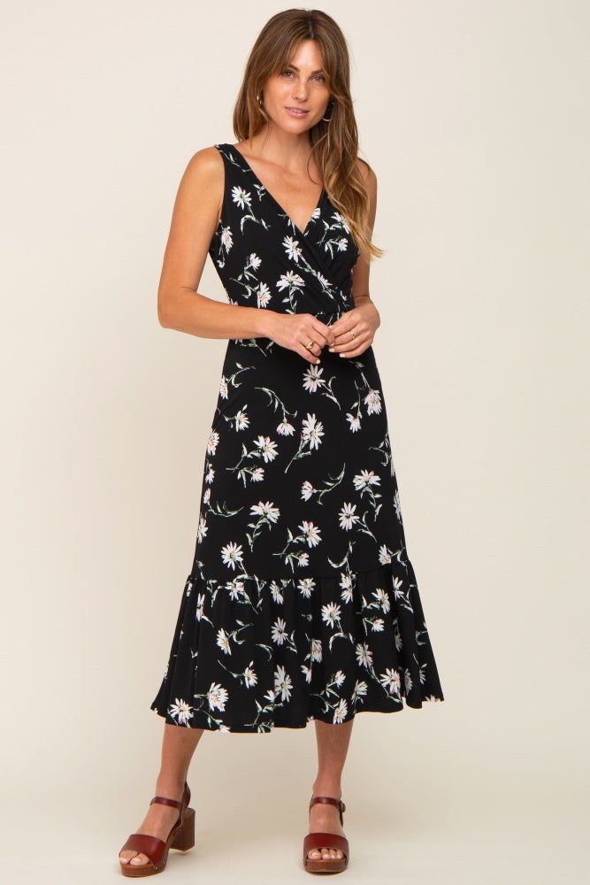 Black Floral Wrap Front V-Neck Ruffle Midi Dress sold by Pinkblush product image thumbnail 4