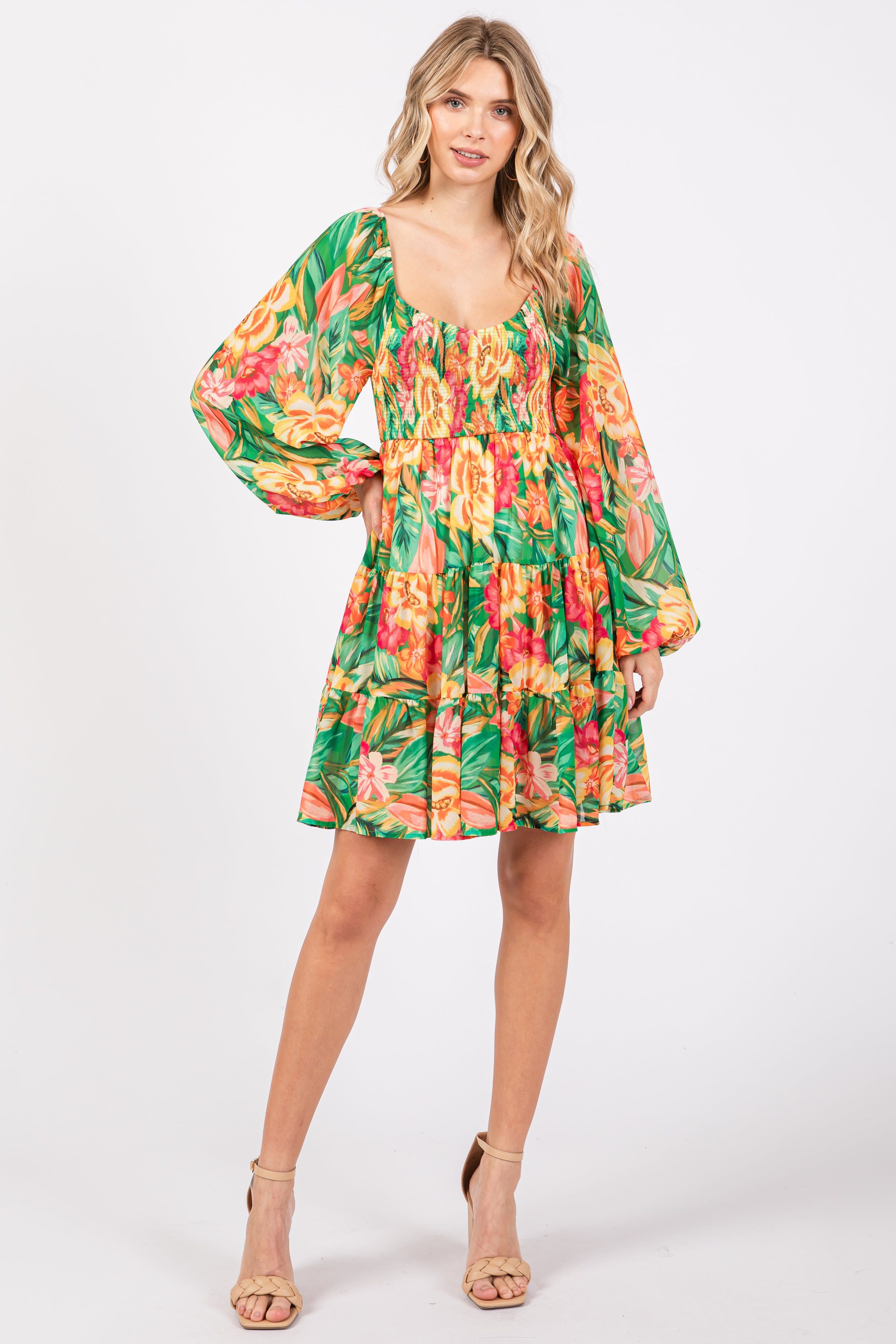 Green Tropical Floral Smocked V-Neck Midi Dress sold by Pinkblush product image thumbnail 2