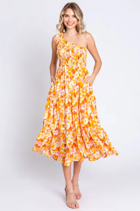 Orange Print Smocked One Shoulder Midi Dress sold by Pinkblush