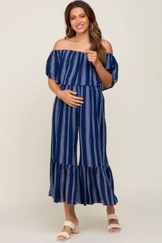 Navy Striped Off Shoulder Maternity Jumpsuit sold by Pinkblush