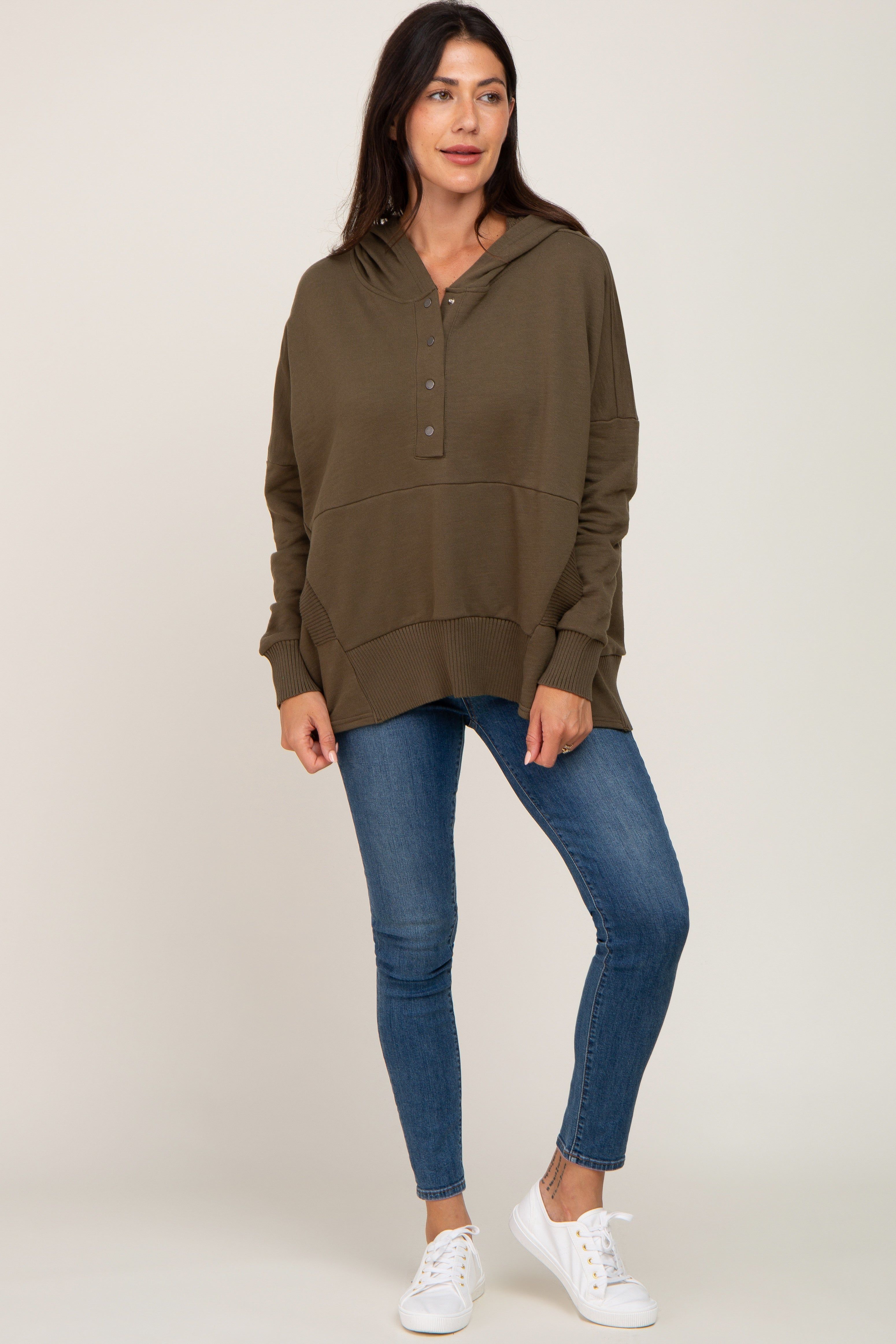 Olive Button Front Ribbed Trim Hooded Sweatshirt sold by Pinkblush product image thumbnail 4