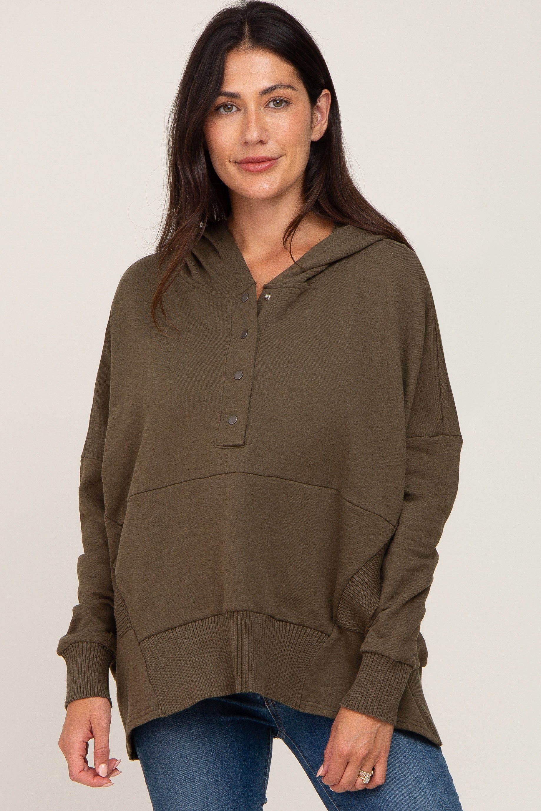Olive Button Front Ribbed Trim Hooded Sweatshirt sold by Pinkblush